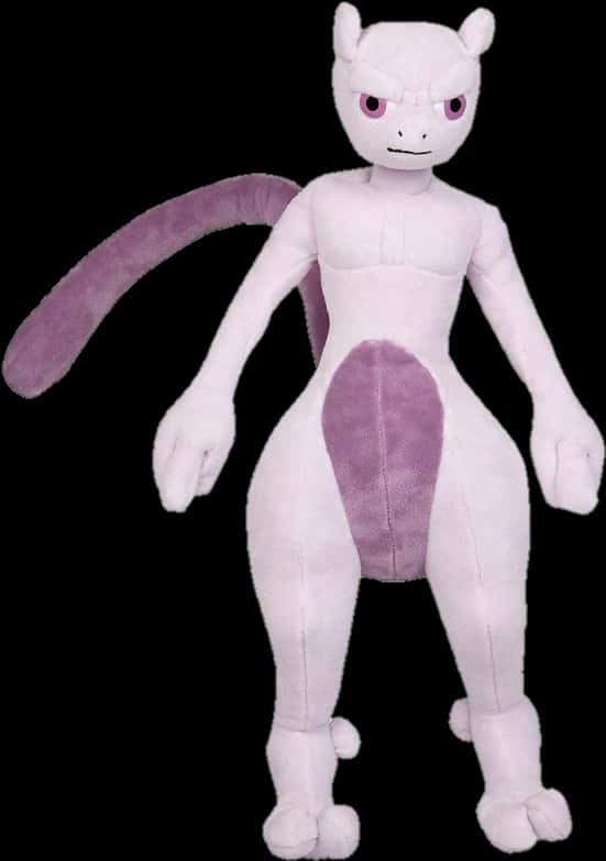 怪物 桌布 壁紙 — 一個毛絨 Mewtwo 玩具直立於黑色背景前，尾巴和背部有紫色點綴。