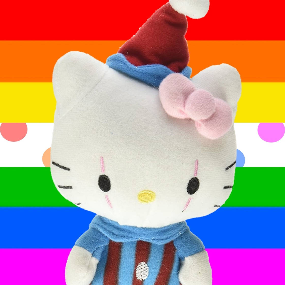 Hello Kitty 桌布 壁紙 — 一個毛絨Hello Kitty戴著紅色聖誕帽和條紋毛衣，背景是充滿活力的彩虹旗和圓點。