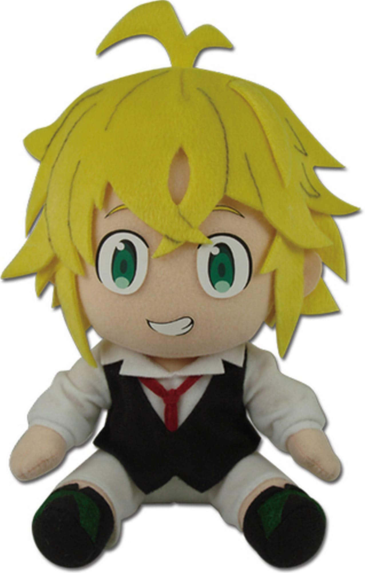 Meliodas 桌布 壁紙 — 一個毛絨公仔，有尖刺的黃色頭髮、綠色眼睛，穿著校服，坐在白色背景前微笑。
