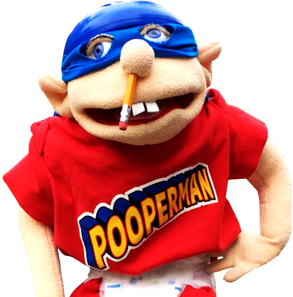 Jeffy 桌布 壁紙 — 一個毛絨公仔超級英雄，戴著藍色面具，身穿印有 Pooperman 字樣的紅色襯衫，嘴裡叼著一支鉛筆。