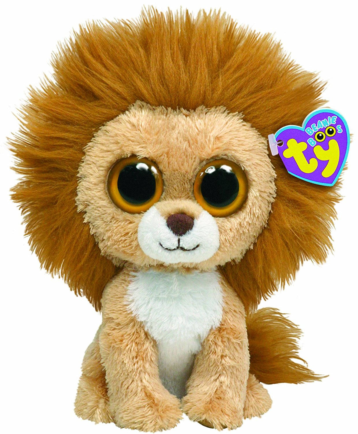 Beanie 桌布 壁紙 — 一個毛絨絨的 Ty Beanie Boo 獅子玩偶，有大眼睛和心形標籤，坐在白色背景前。