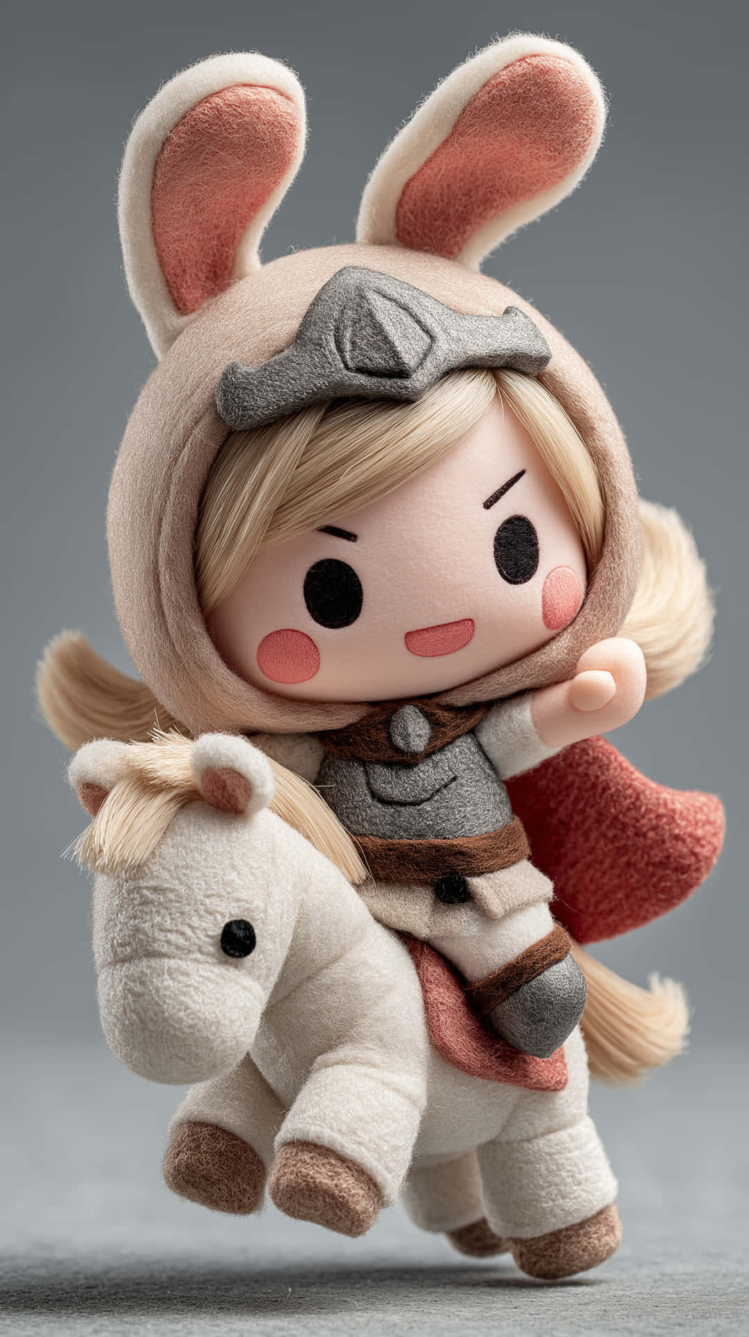 Charming Labubu Character Plush Toy on Adorable Horse 壁紙 — 一個毛絨絨的Q版騎士，戴著兔耳朵，騎著一匹小白馬，背景是灰色攝影棚。