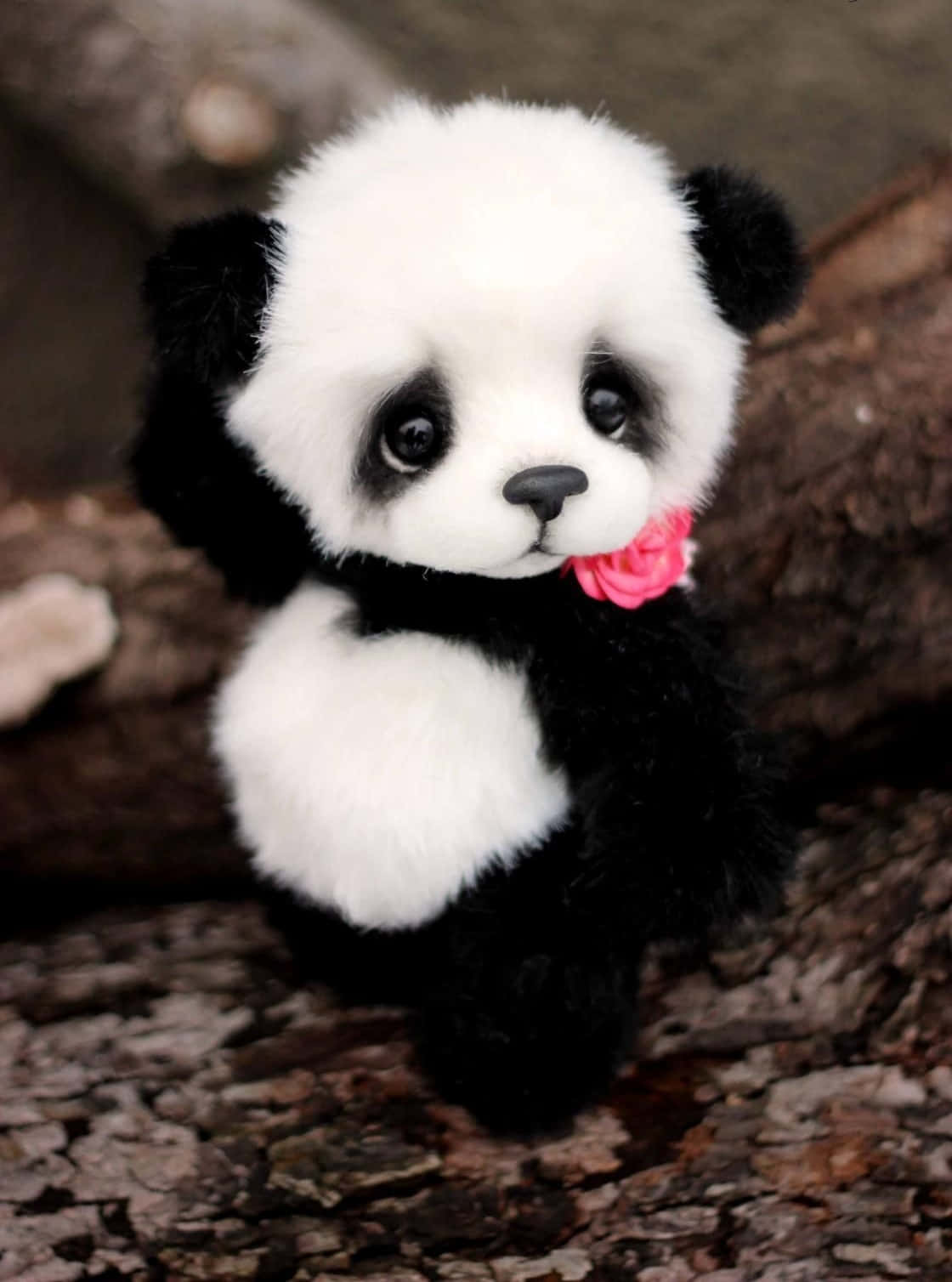 Cute Panda 桌布 壁紙 — 一個毛絨絨的手工熊貓毛絨玩具，戴著粉紅玫瑰蝴蝶結，坐在有紋理的樹皮背景上。