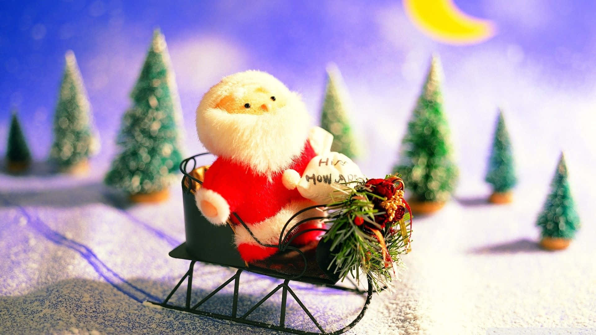 Santa Claus HD 桌布 壁紙 — 一個毛絨聖誕老人坐在裝飾著冬青的微型雪橇上，背景是雪地、松樹和一彎新月。