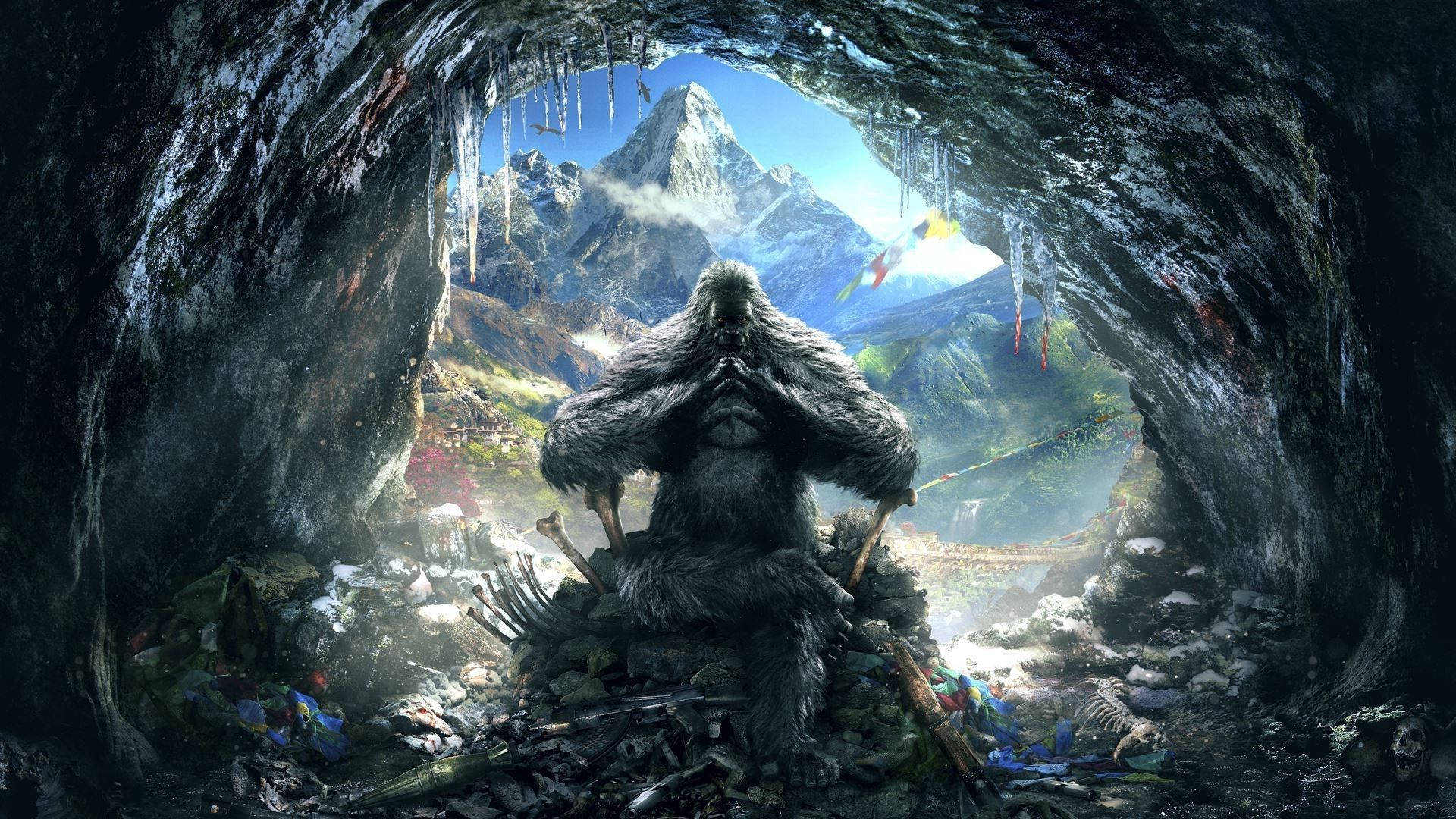 Far Cry 4 桌布 壁紙 — 一個毛茸茸的巨人坐在一個黑暗的洞穴中，框住了一個在明亮藍天下雄偉的積雪山頂。