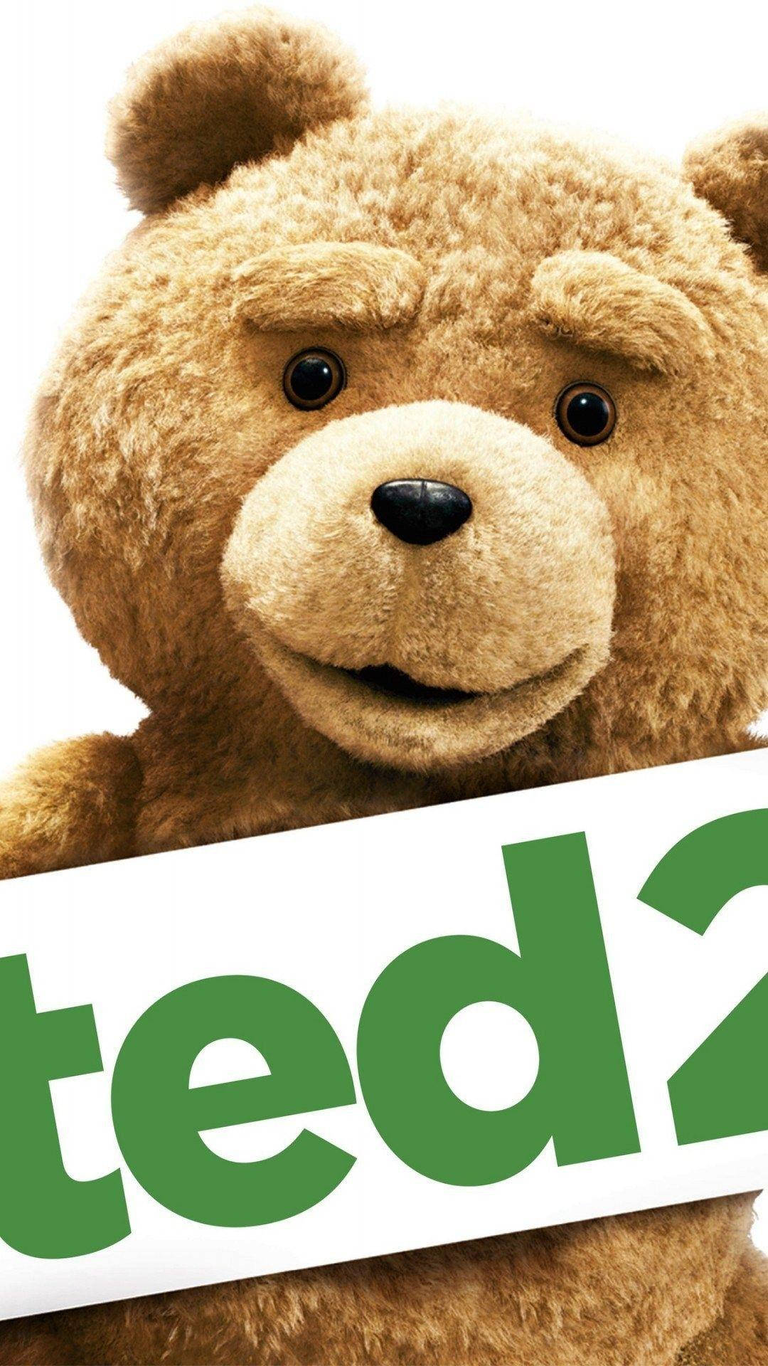 Ted 桌布 壁紙 — 一個毛茸茸的棕色泰迪熊的特寫，表情驚訝，手持綠色 'ted 2' 標誌，背景為白色。