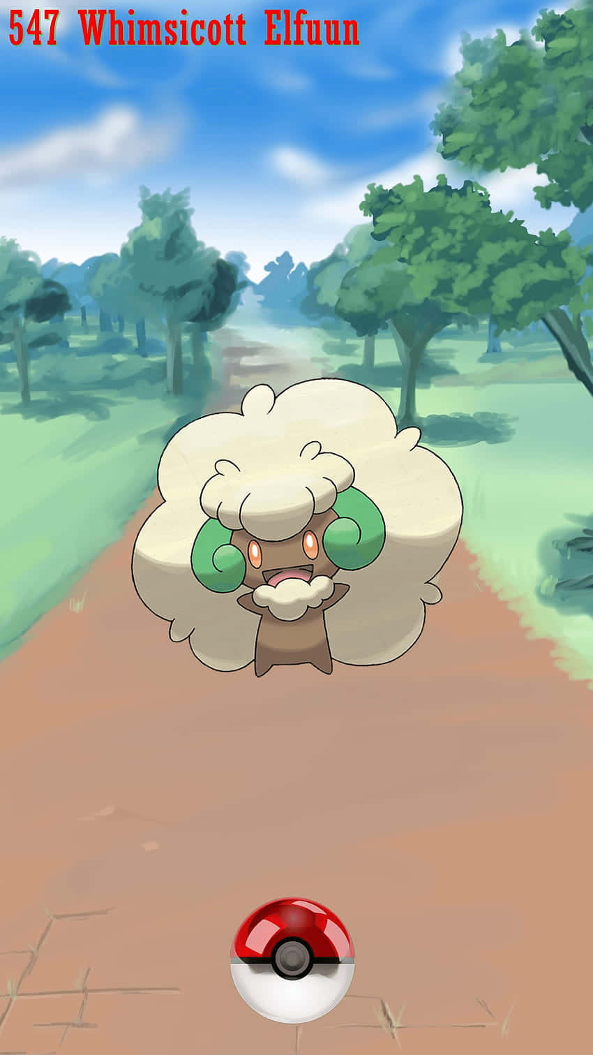 Pokeball 桌布 壁紙 — 一個毛茸茸的白色和綠色風妖精站在陽光明媚的森林中的泥路上，底部有一個精靈球。