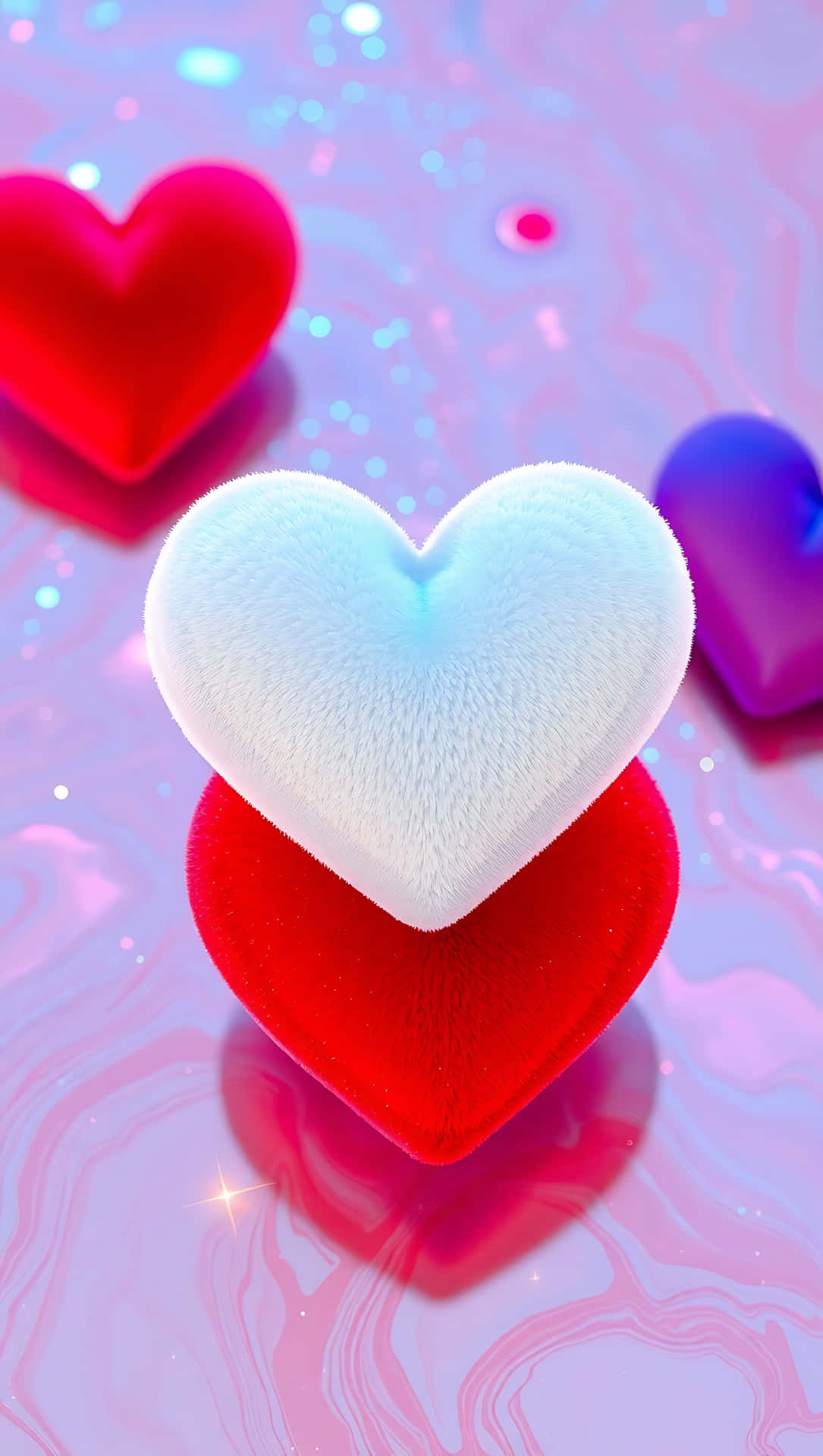 Patriotic Velvet Hearts – Shimmering Red, White & Blue 41-1 壁紙 — 一個毛茸茸的白色心形放在一個發光的紅色心形上，背景是旋轉的粉紅色和藍色液體，帶有漂浮的閃光。