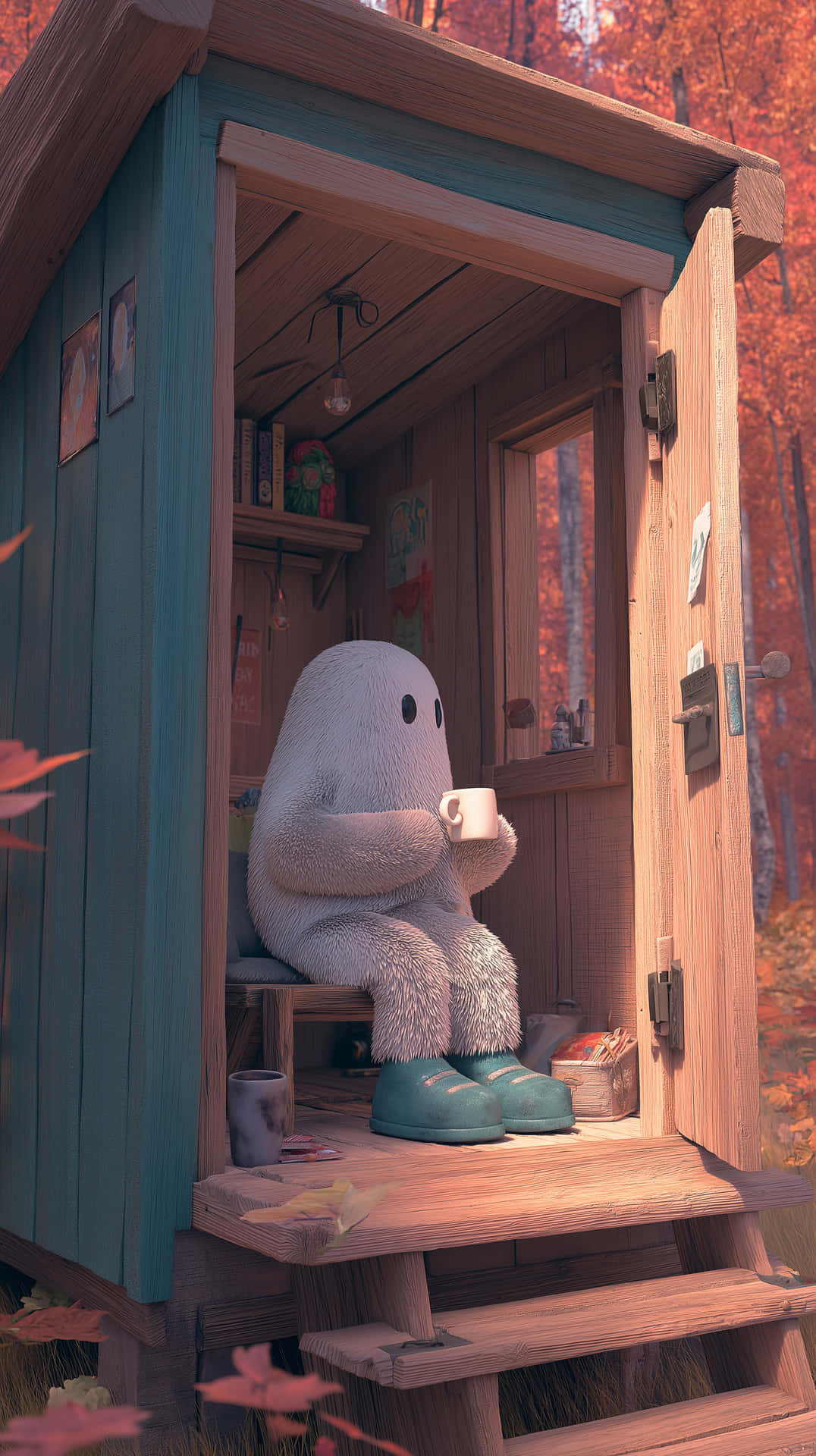 Cozy Fuzzy Ghost Enjoying Coffee in Woodland Cabin 壁紙 — 一個毛茸茸的白色生物穿著青綠色靴子，在木屋門口啜飲茶，周圍是秋天的落葉。