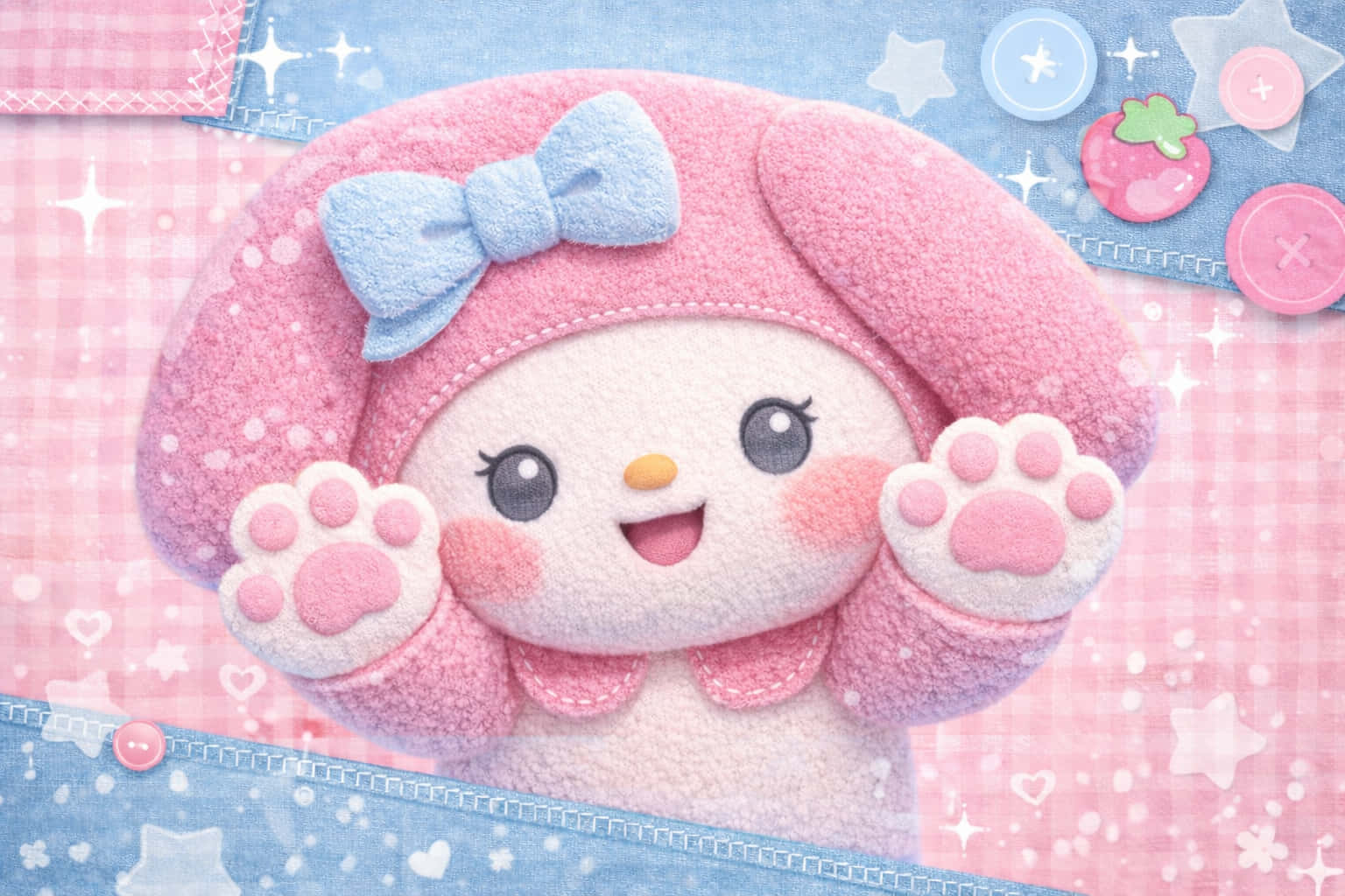 Sanrio Aesthetic 桌布 壁紙 — 一個毛茸茸的粉紅色My Melody毛絨玩具，戴著藍色蝴蝶結，在點綴星星和鈕扣的粉藍色拼布背景前開心地揮手。