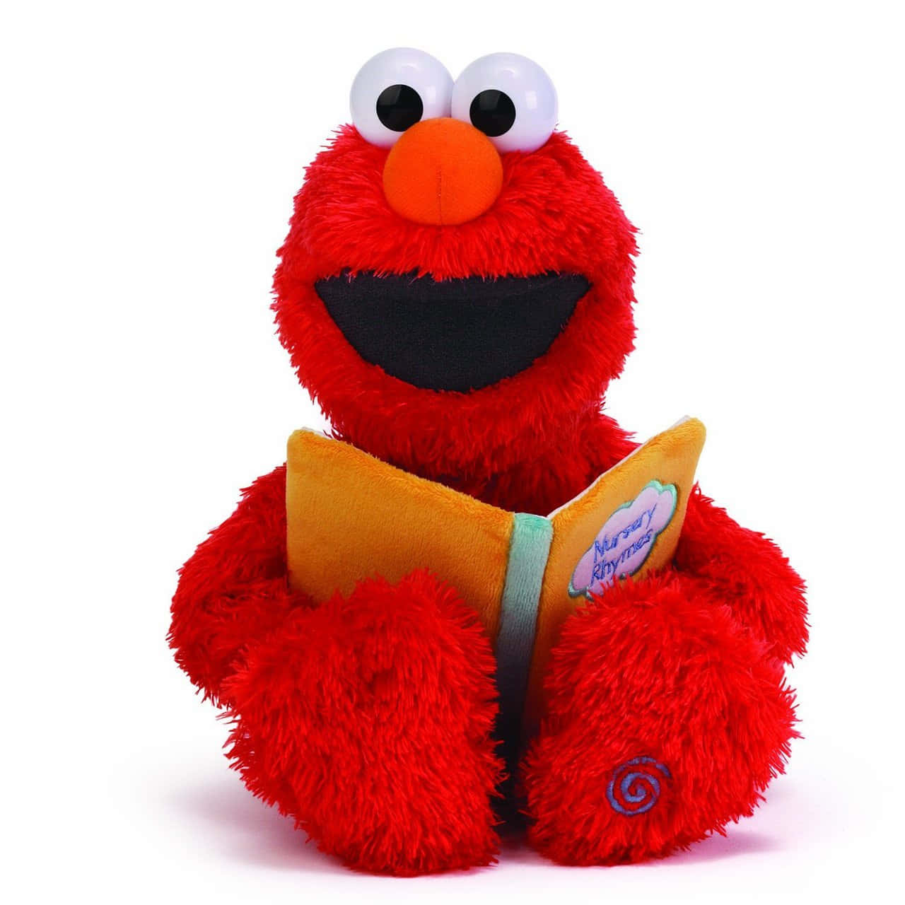 Elmo 桌布 壁紙 — 一個毛茸茸的紅色 Elmo 毛絨玩具坐在白色背景前，拿著一本打開的童謠書。