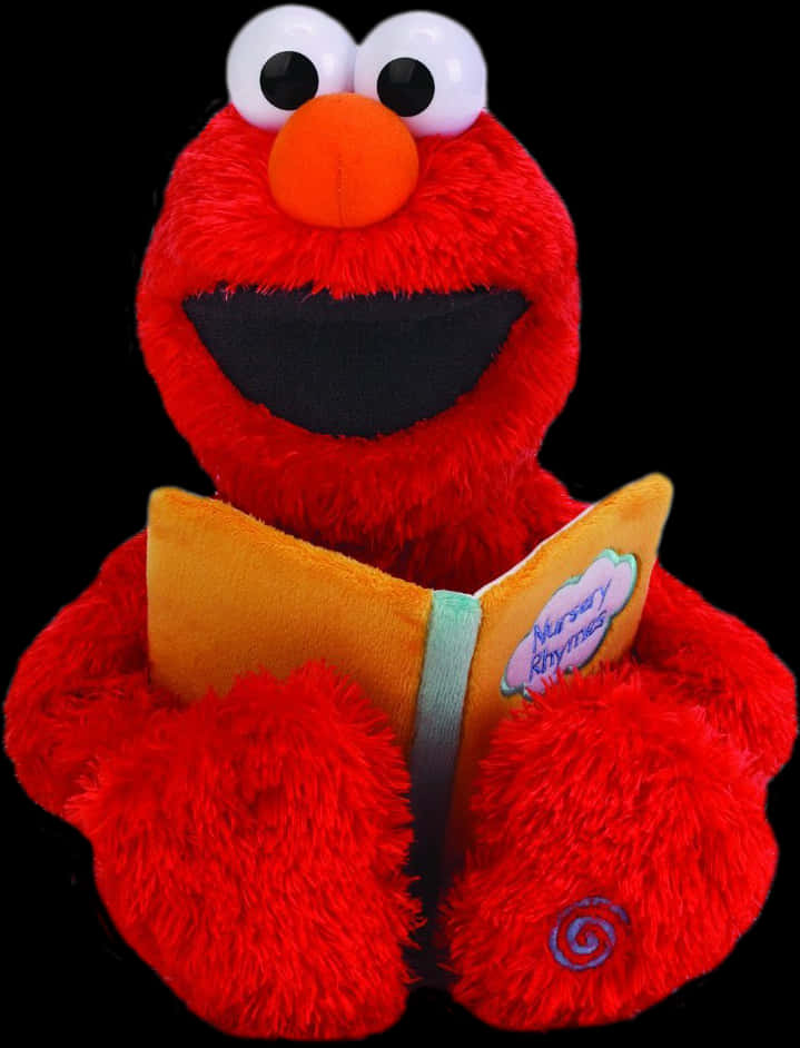 Elmo 桌布 壁紙 — 一個毛茸茸的紅色 Elmo 毛絨玩具微笑著，手持一本打開的童謠書，背景為黑色。