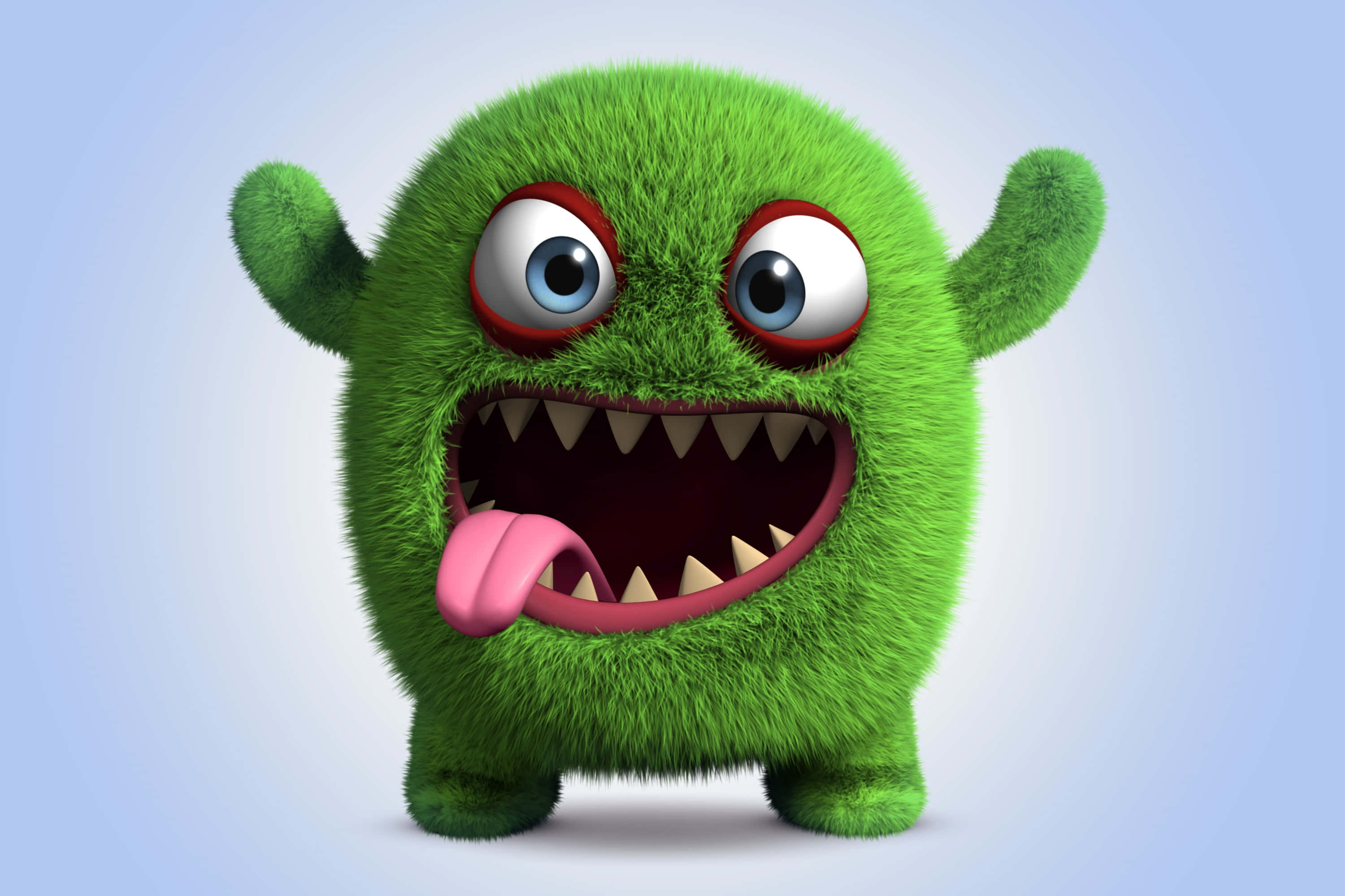 Cute Monster 桌布 壁紙 — 一個毛茸茸的綠色卡通怪物，有著大眼睛和露出牙齒的寬闊笑容，在柔和的藍色漸變背景上伸出粉紅色的舌頭。