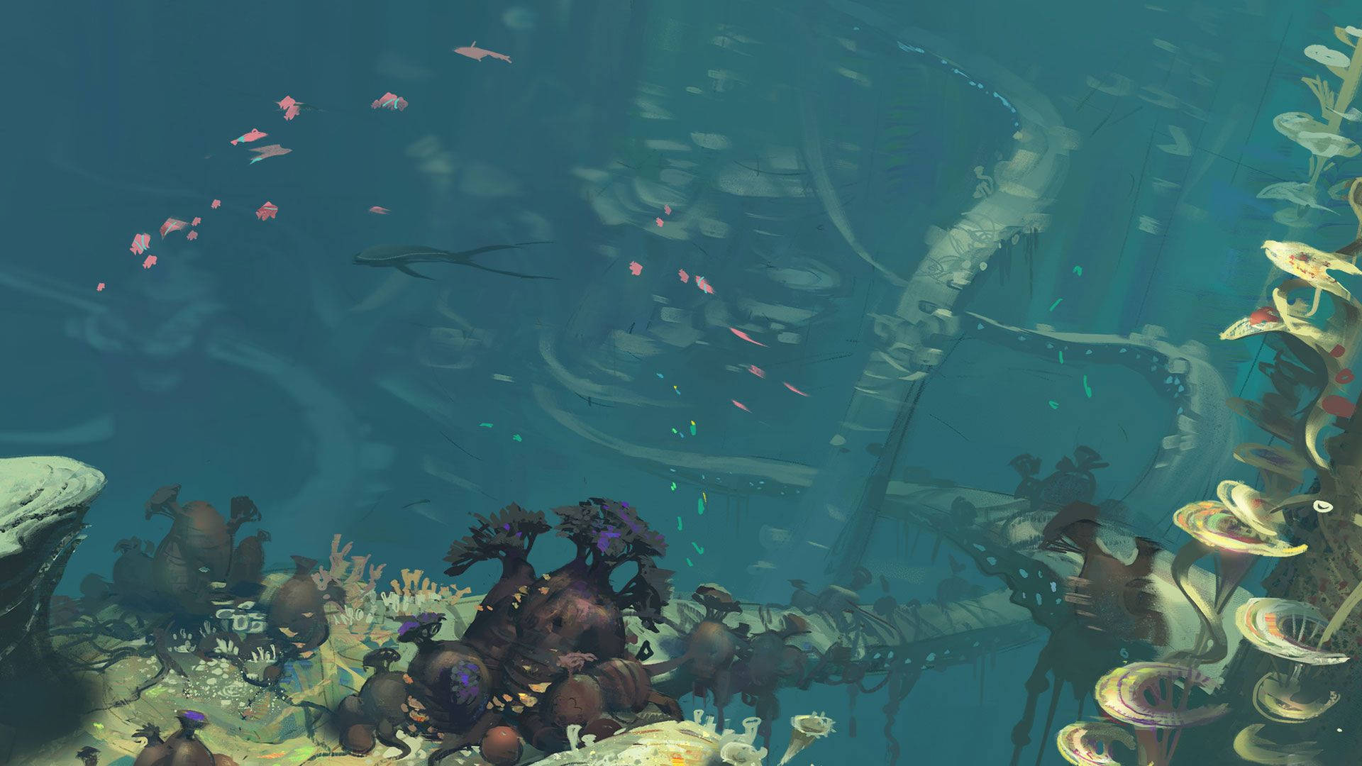 Subnautica 桌布 壁紙 — 一個水下場景，有發光的珊瑚和古代遺跡，沐浴在青綠色的光線中，粉紅色的魚在游動。