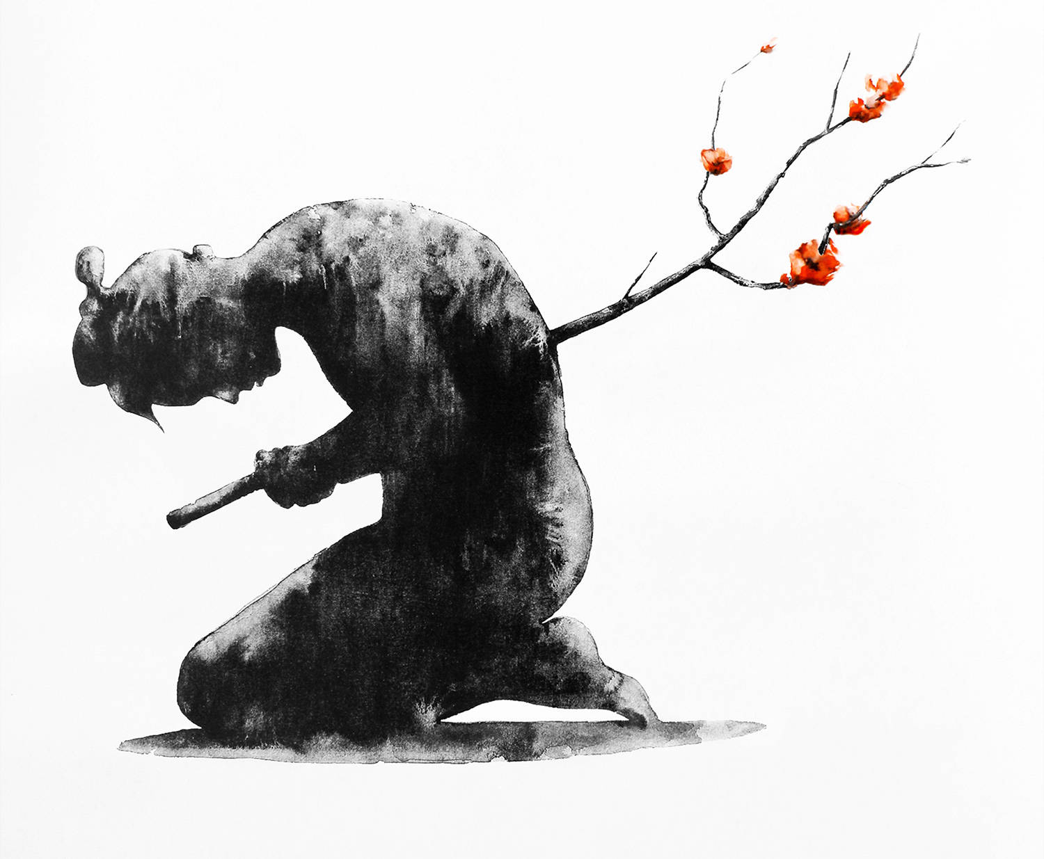 Seppuku 桌布 壁紙 — 一個水彩人物跪著沉思，一枝帶有紅色花朵的樹枝從其背部冒出，背景是純白色。