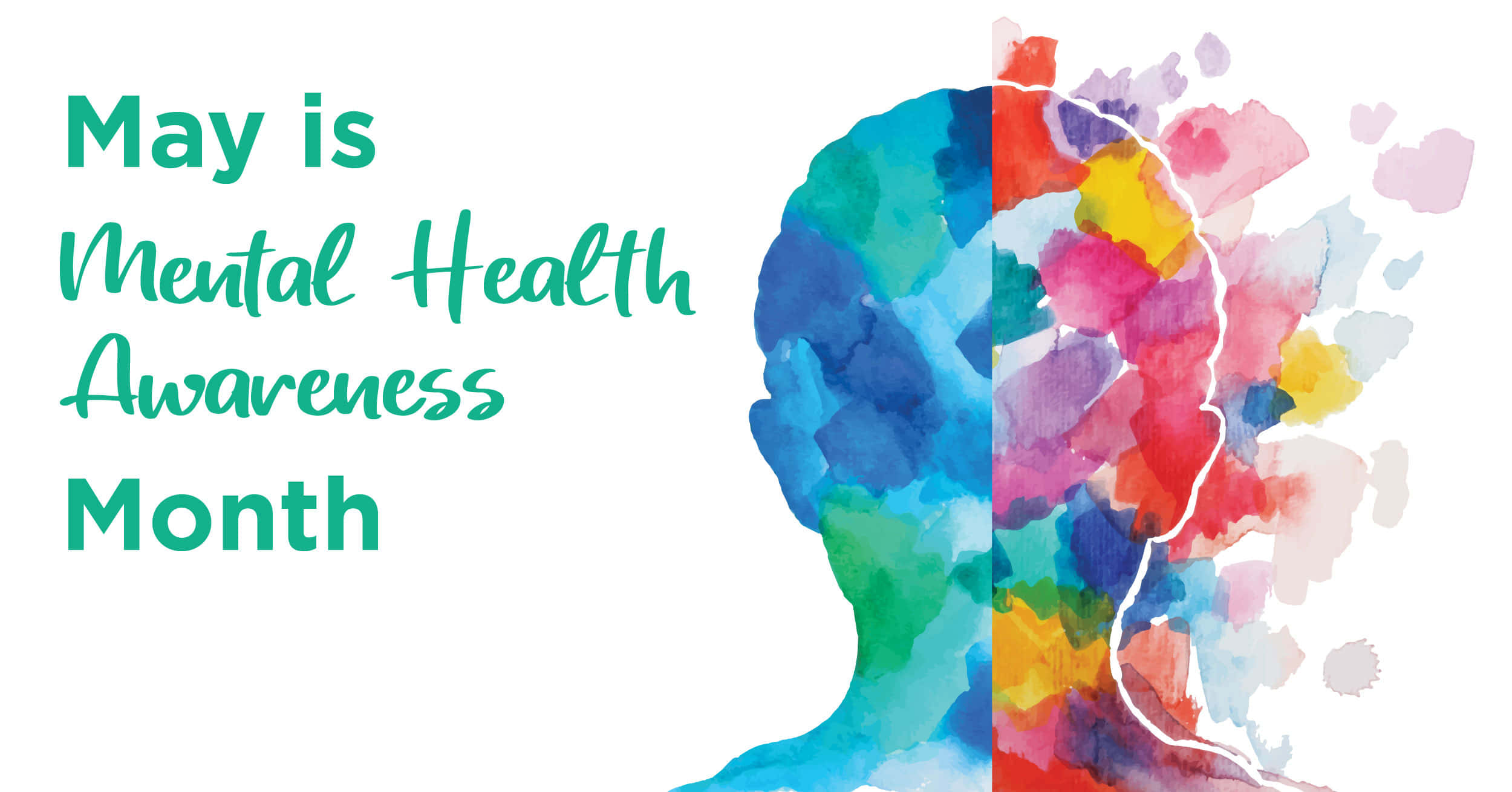 mental health 桌布 壁紙 — 一個水彩剪影的人頭，分成兩半，一邊是平靜的藍色調，另一邊是充滿活力的爆炸色彩。