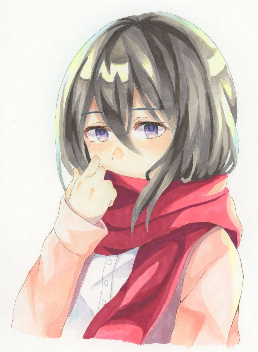 進擊的巨人 桌布 壁紙 — 一個水彩動畫女孩，短灰髮和紫色眼睛，戴著紅色圍巾，輕輕觸摸鼻子。