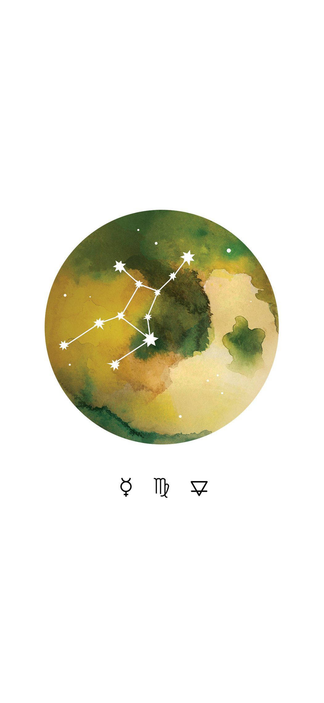 zodiac 桌布 壁紙 — 一個水彩圓圈，帶有星座和占星符號，背景為柔和的綠色和黃色漸變。