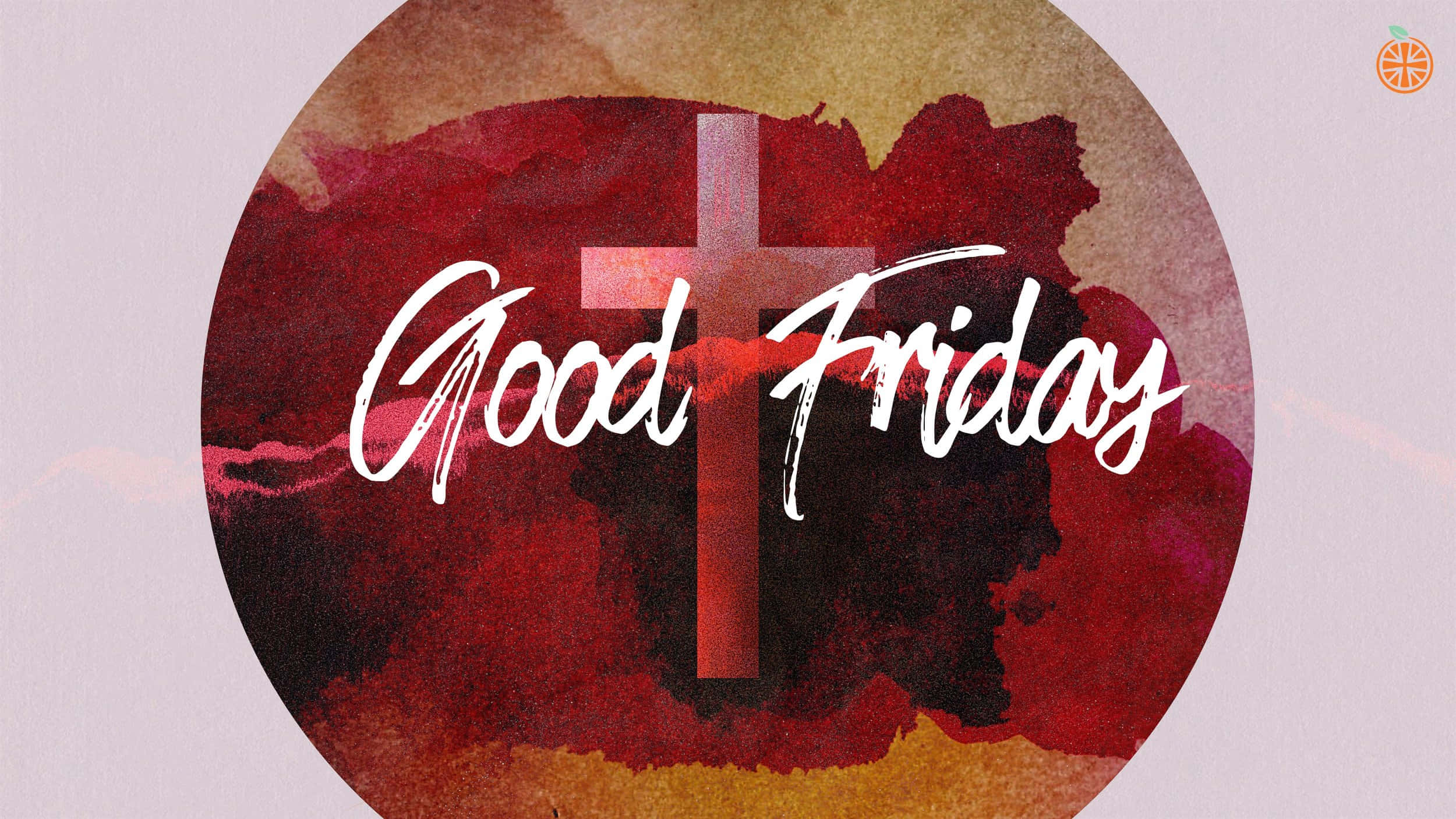 Good Friday 桌布 壁紙 — 一個水彩圓圈，帶有紅色十字架和白色草書文字，上面寫著「受難日」，背景有紋理。