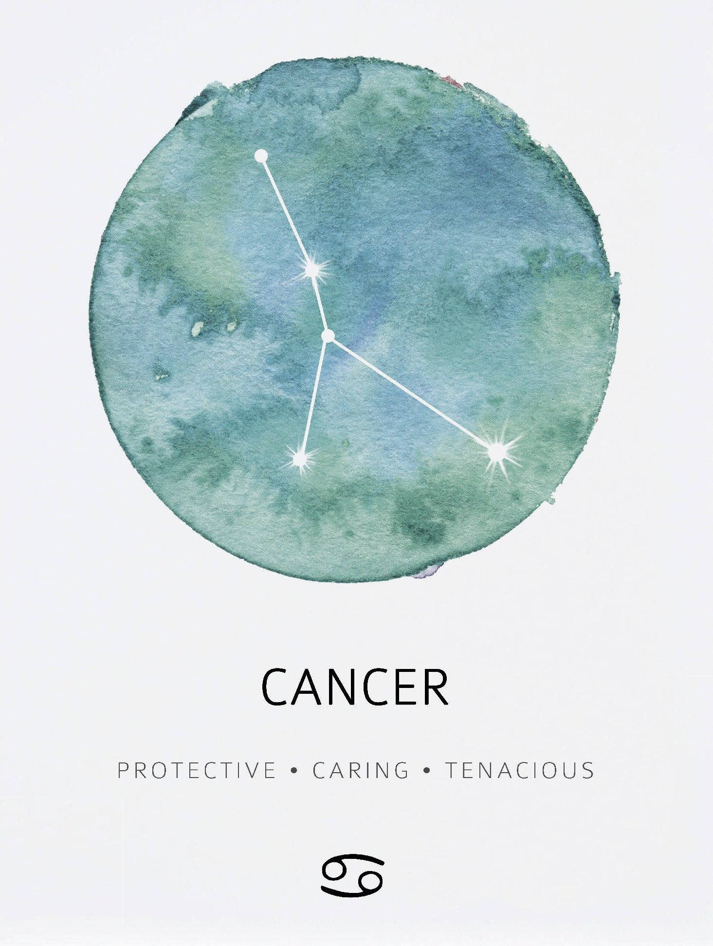 zodiac 桌布 壁紙 — 一個水彩圓圈以青綠色和綠色色調顯示巨蟹座星座，發光的星星由白線連接。
