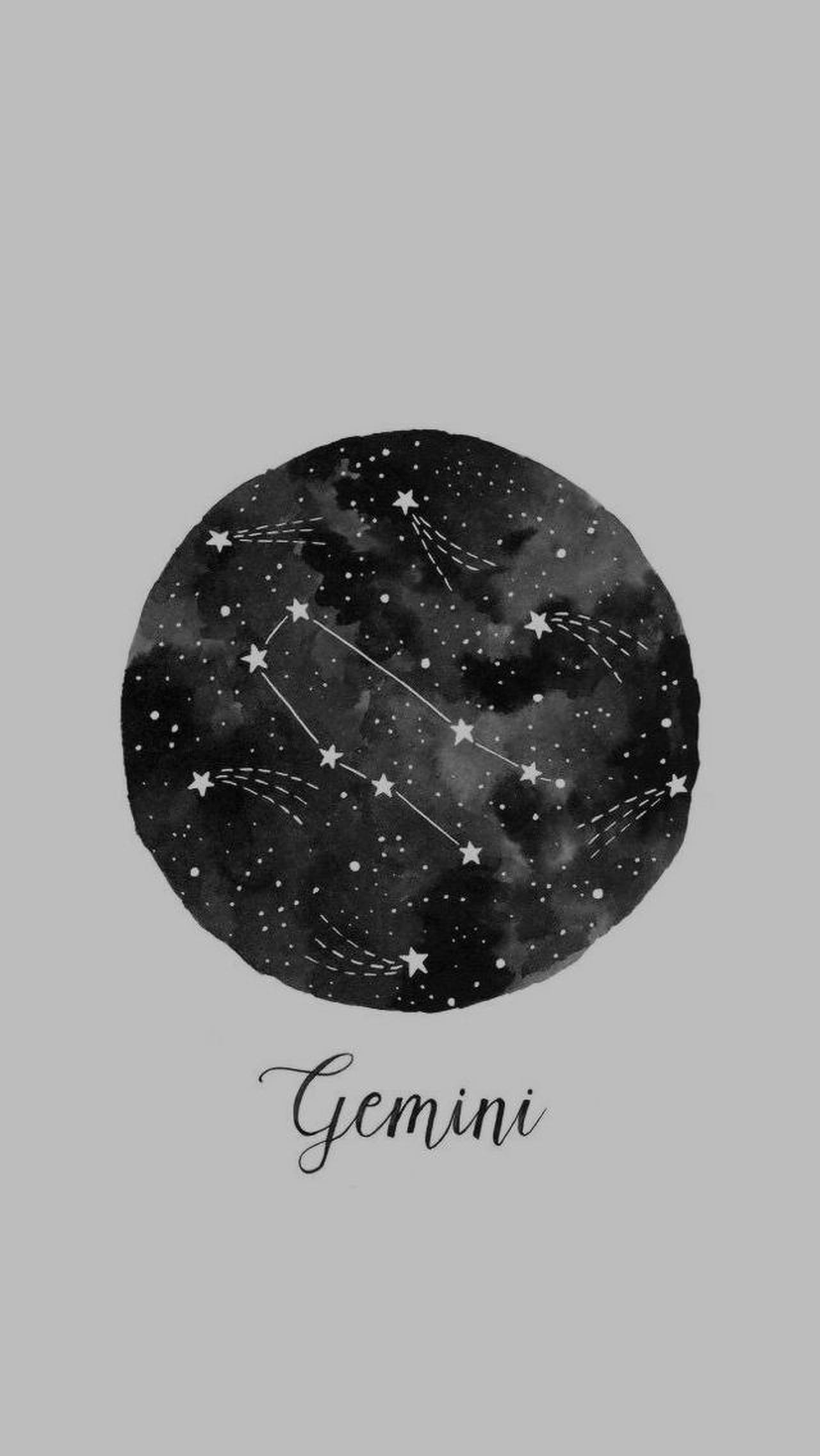 gemini 桌布 壁紙 — 一個水彩圓圈描繪了雙子座星座，帶有星星和條紋，背景為灰色。