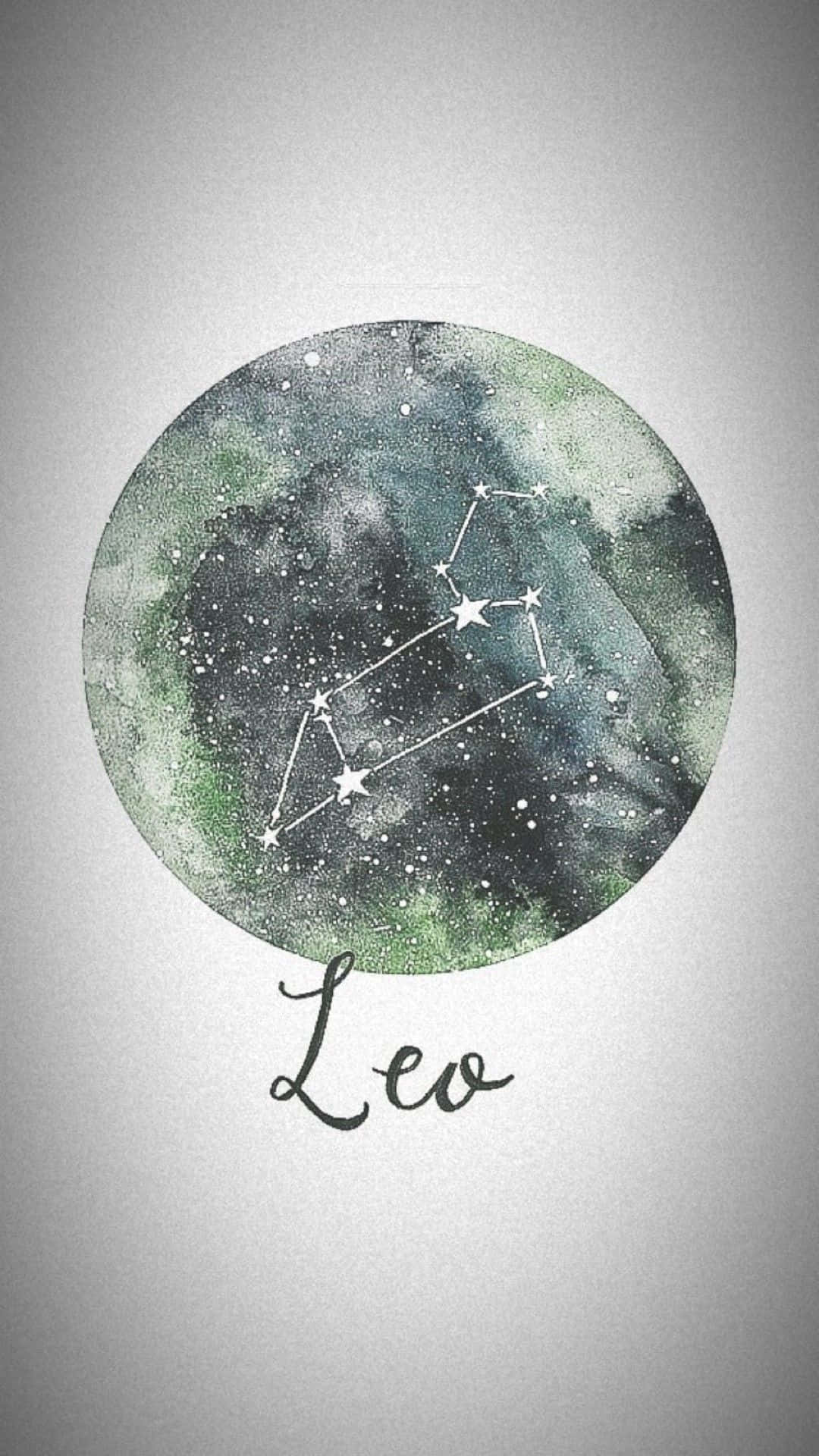 Leo 桌布 壁紙 — 一個水彩圓圈描繪獅子座星座，以白色星星和線條呈現，背景為綠色和灰色的星雲。