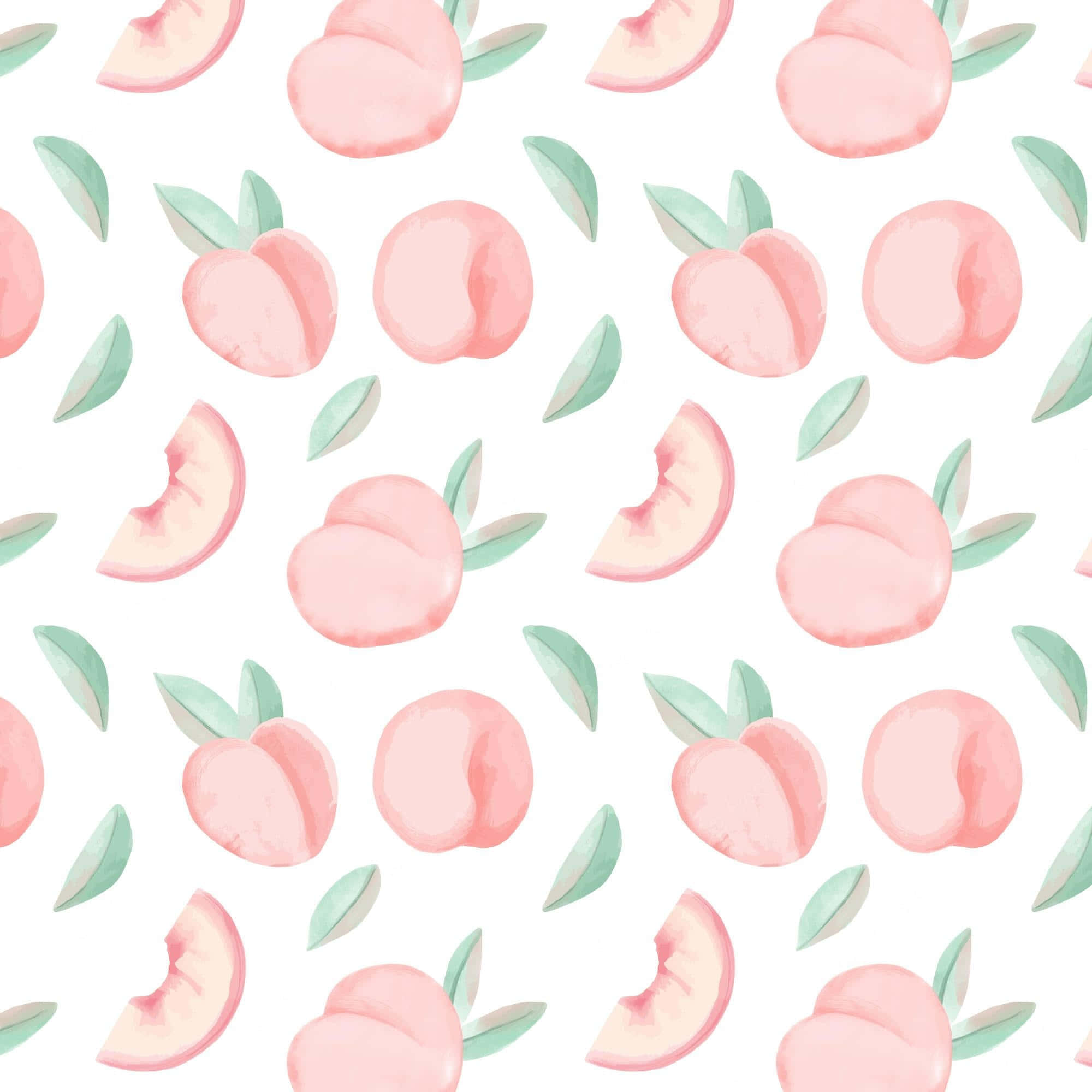 Cute Peach 桌布 壁紙 — 一個水彩圖案，包含完整和切片的水蜜桃，搭配薄荷葉，背景為白色。