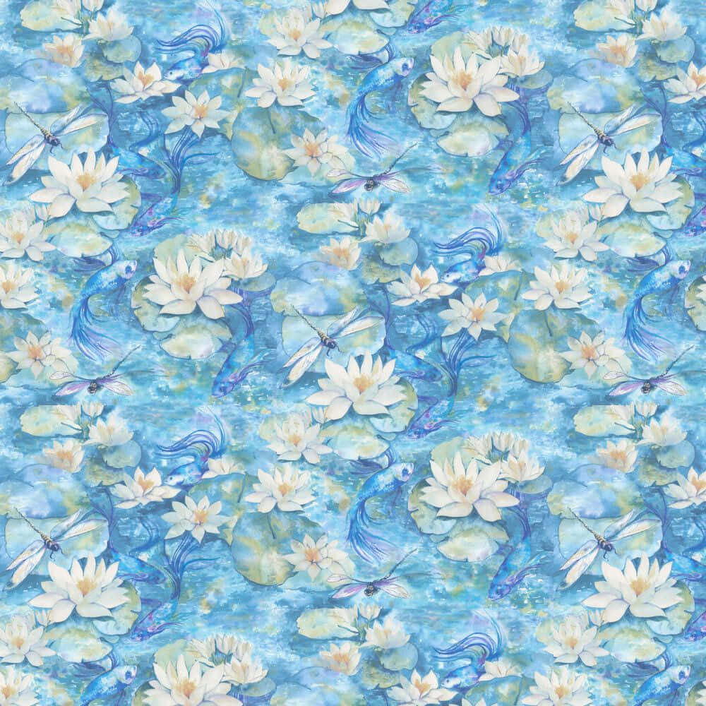 Azure Blue 桌布 壁紙 — 一個水彩圖案，描繪白色睡蓮、綠色睡蓮葉和蜻蜓漂浮在閃爍的藍色池塘水面上。