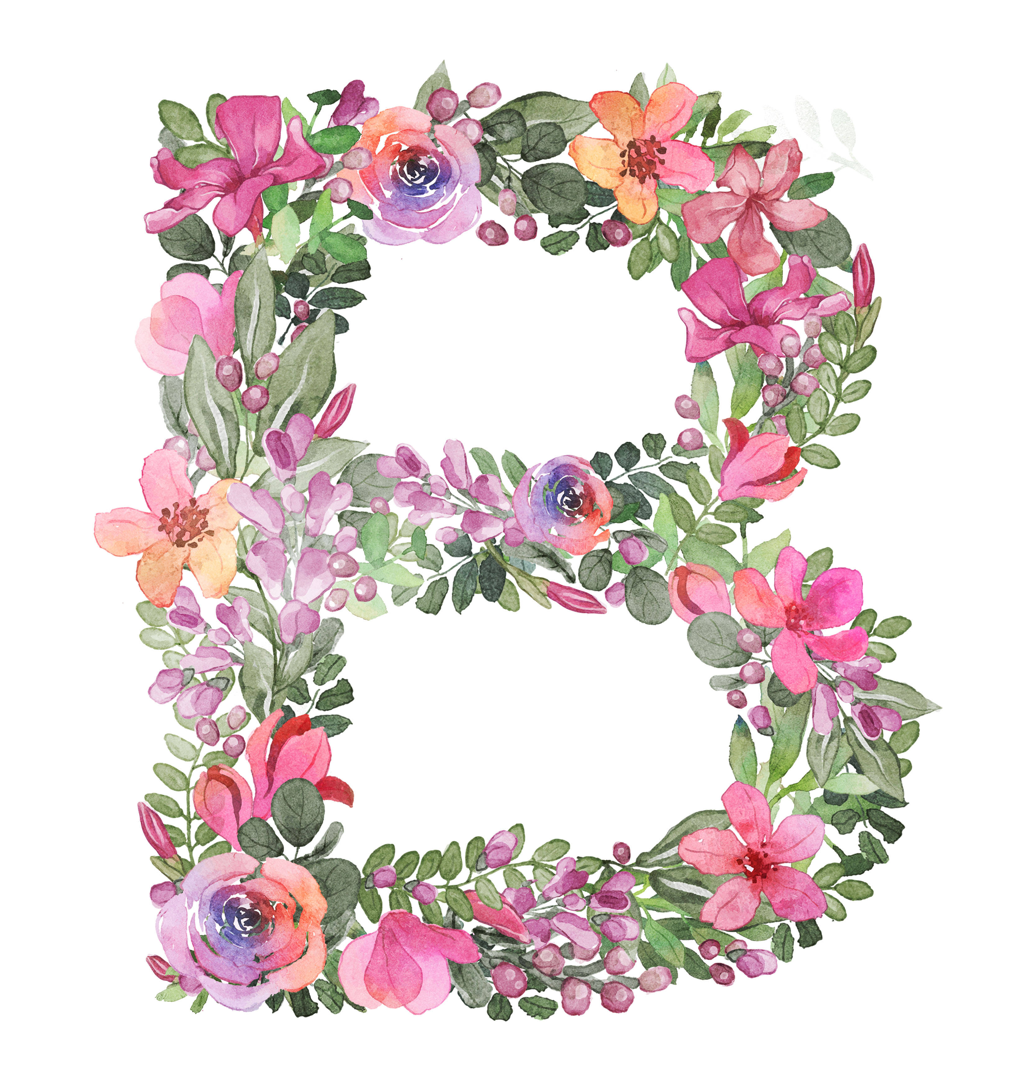 字母B 桌布 壁紙 — 一個水彩字母B，點綴著鮮豔的粉紅色、橙色和紫色花朵以及綠色葉子，背景為白色。