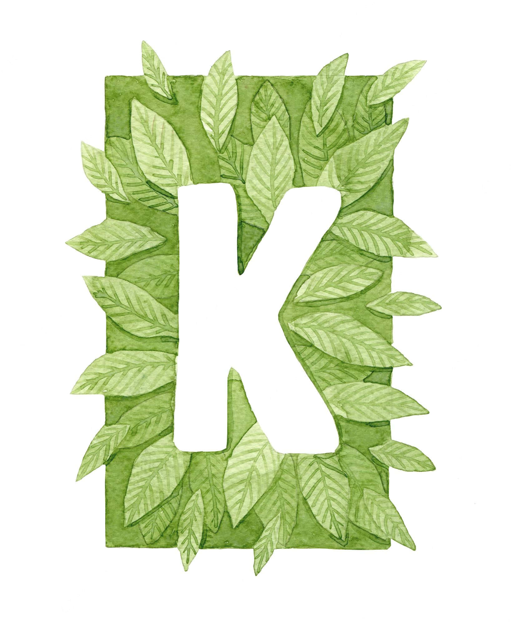 K 桌布 壁紙 — 一個水彩字母K，周圍環繞著茂密的綠色葉子，可見筆觸和自然葉脈。