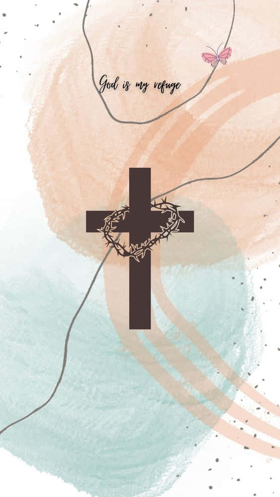 Aesthetic Jesus 桌布 壁紙 — 一個水彩抽象背景，上面有一個黑色十字架，飾有荊棘冠冕，並有文字「神是我的避難所」。