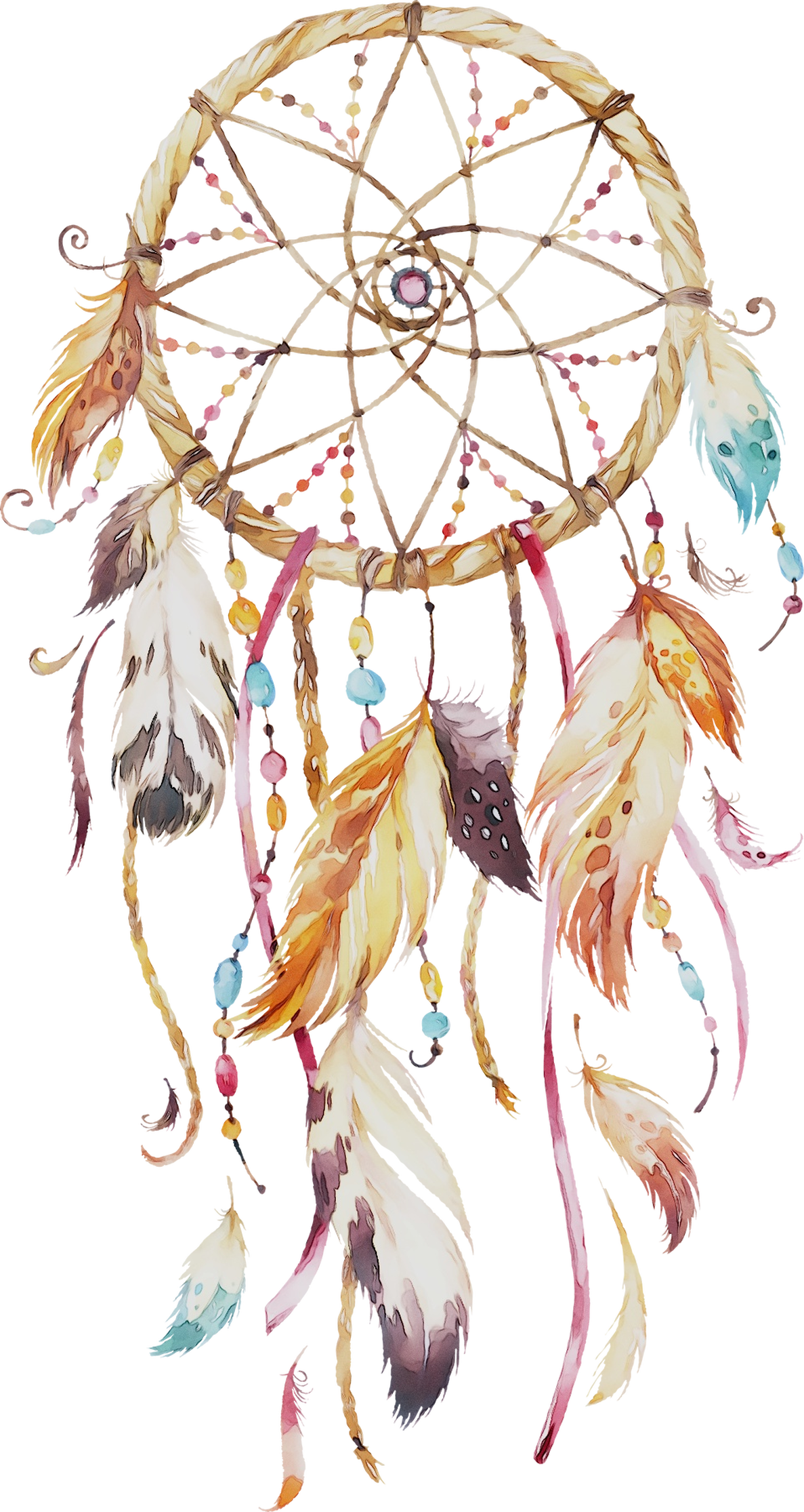 dreamcatcher 桌布 壁紙 — 一個水彩捕夢網，帶有彩色羽毛和珠子，掛在黑色背景上。