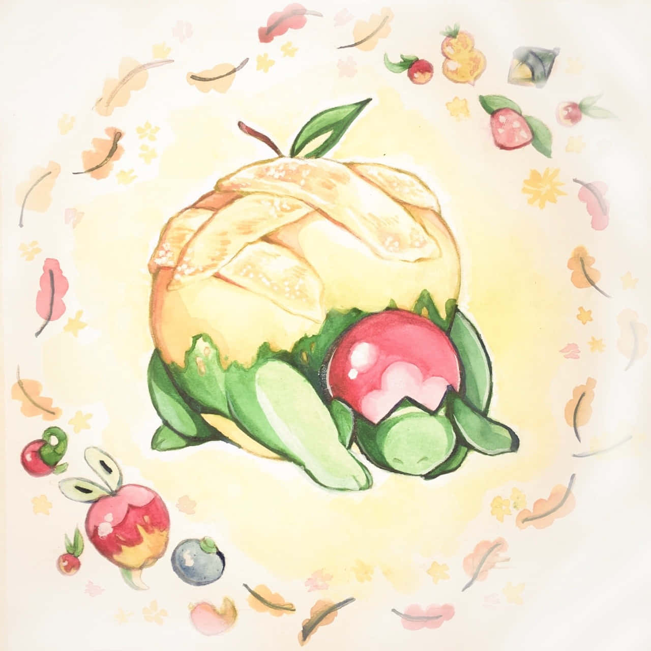 Watercolor Floral 桌布 壁紙 — 一個水彩插圖，描繪一個奇特的餡餅，有草莓探出頭來，周圍環繞著漂浮的水果和葉子。