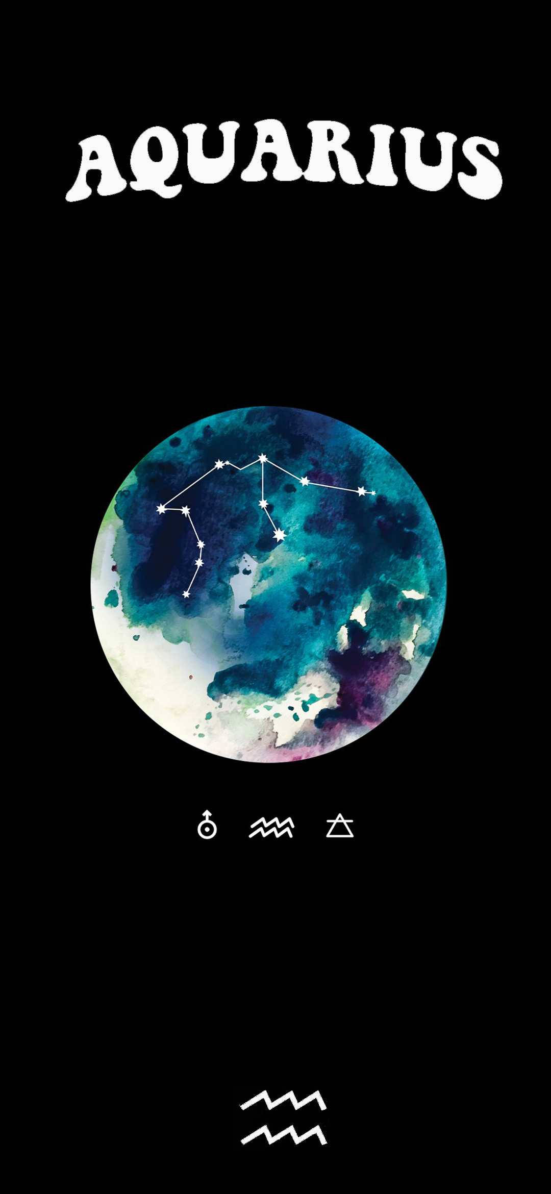 星座 桌布 壁紙 — 一個水彩星球，上面有水瓶座星座的星星，背景為黑色，帶有白色文字和符號。