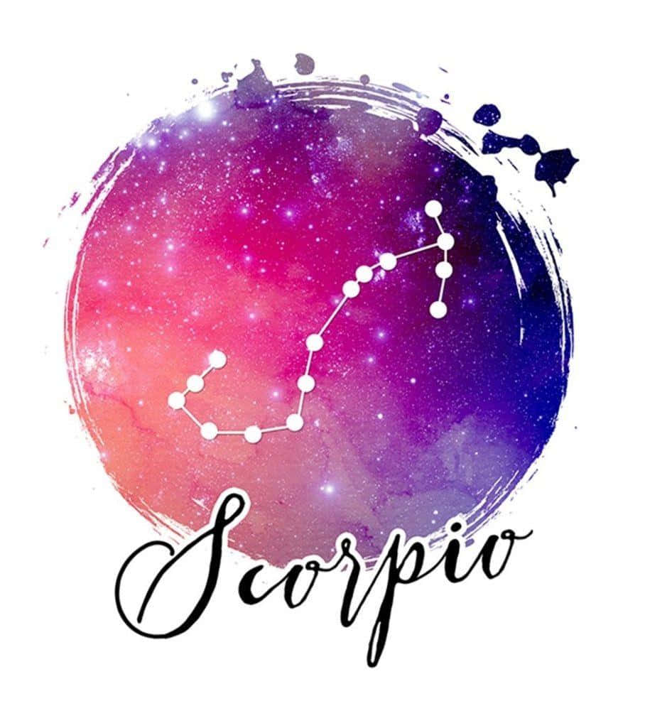Scorpio 桌布 壁紙 — 一個水彩星系球體，帶有白色天蠍座星座輪廓，下方有草書天蠍座文字。