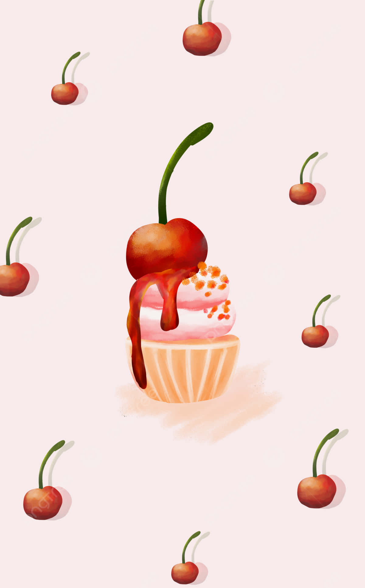 cupcakes 桌布 壁紙 — 一個水彩杯子蛋糕，上面有滴落的櫻桃和糖粒，周圍漂浮著櫻桃，背景是柔和的粉紅色。