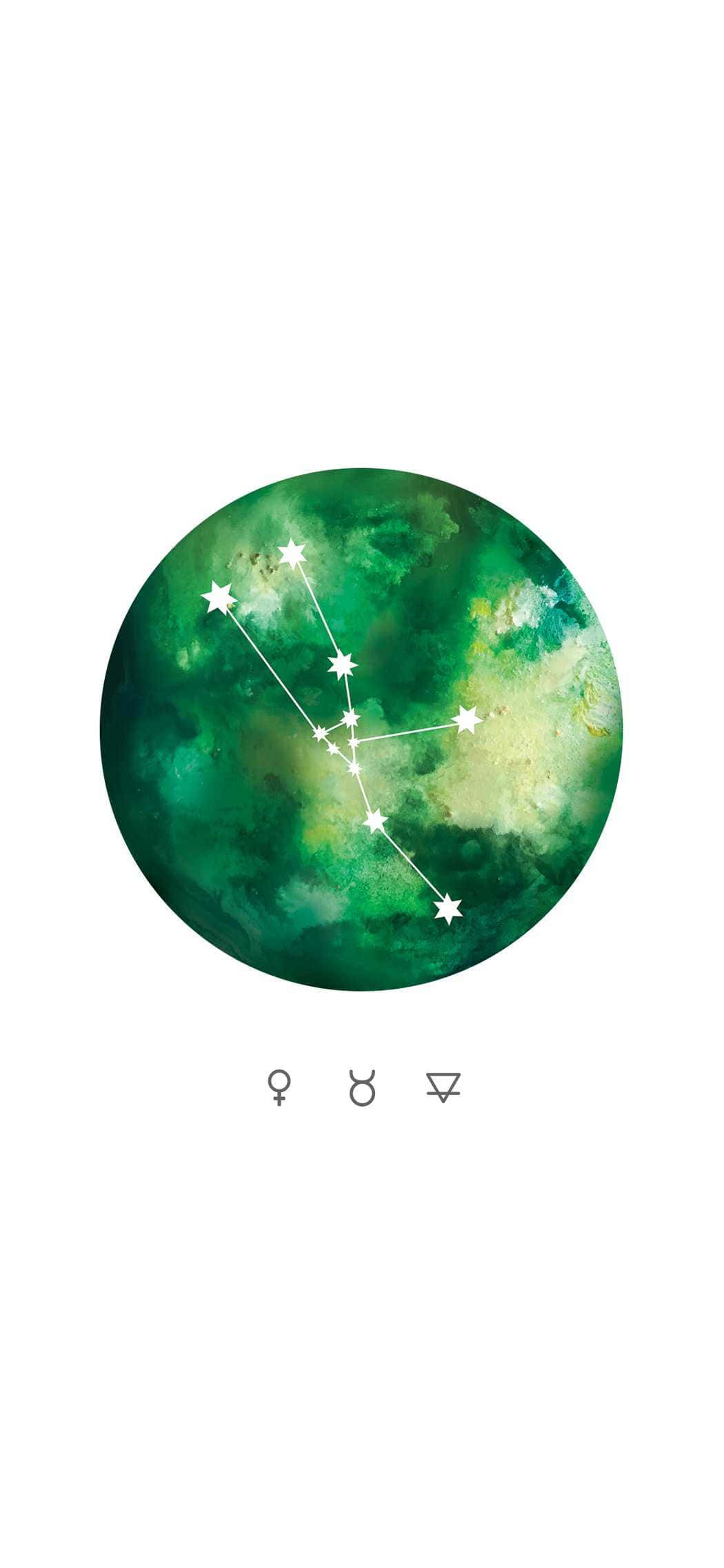 full moon 桌布 壁紙 — 一個水彩畫的綠色和白色宇宙漩渦圓圈，白色星星形成星座圖案。