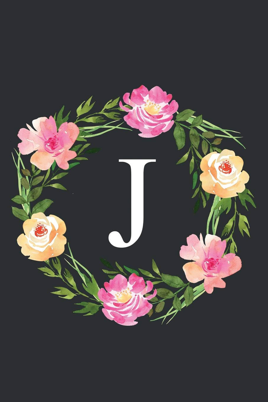 J 桌布 壁紙 — 一個水彩花卉花環，由粉紅色和黃色玫瑰及綠色葉子組成，在深灰色背景上框住一個白色字母J。