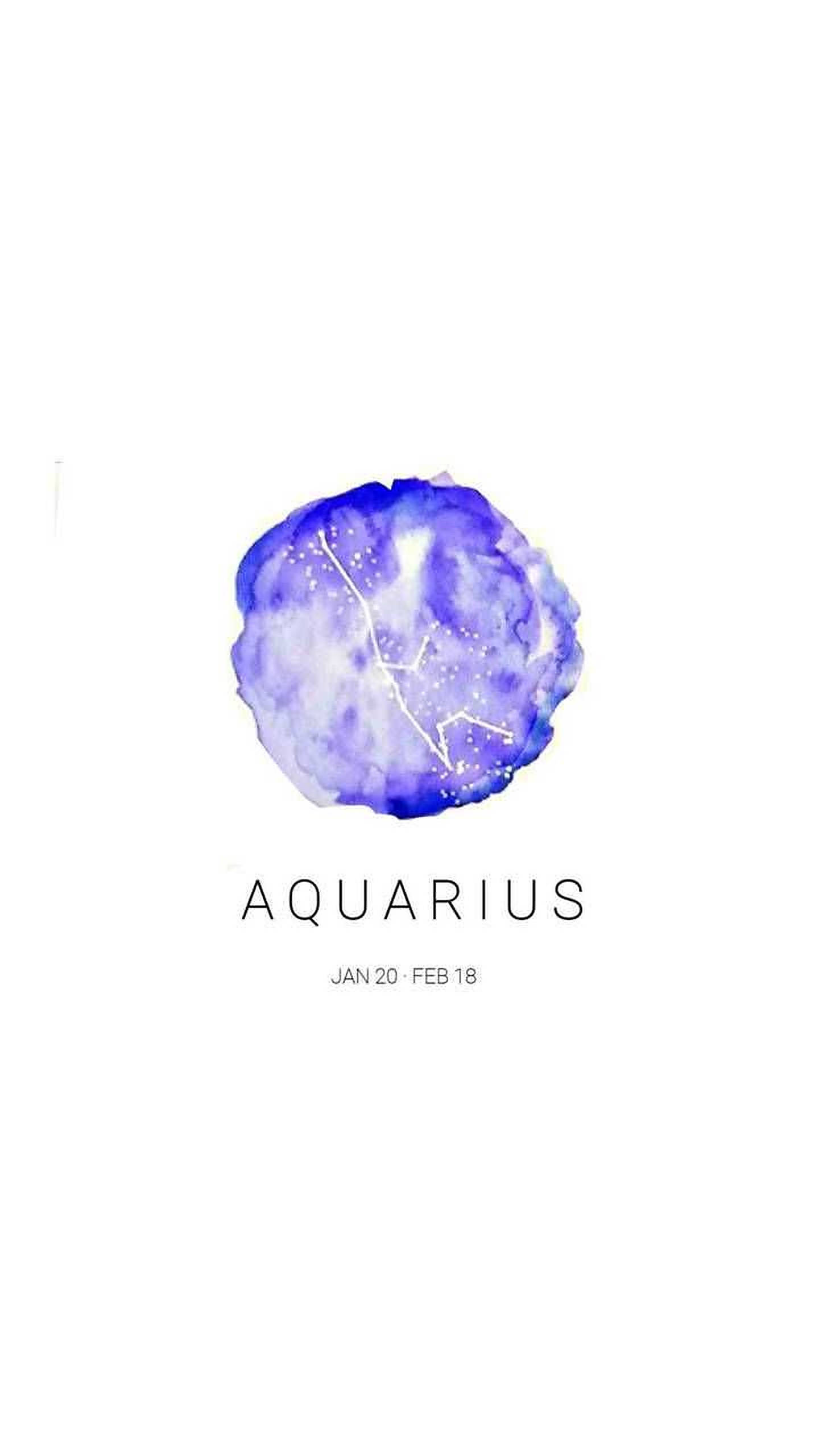 aquarius 桌布 壁紙 — 一個水彩藍紫色圓圈，帶有白色星座線條和文字，標示水瓶座及其日期範圍。