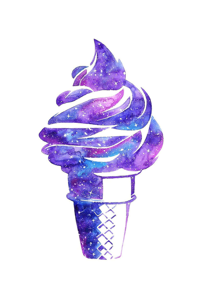 Purple Aesthetic Phone 桌布 壁紙 — 一個水彩銀河冰淇淋甜筒，帶有旋轉的紫藍色漩渦和白色星星，背景為純白色。