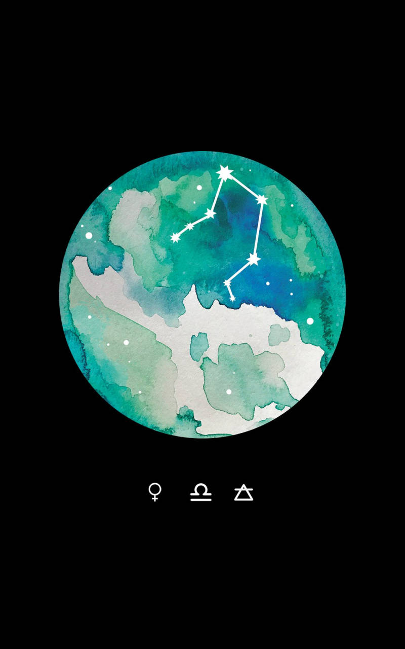 zodiac 桌布 壁紙 — 一個水彩風格的地球儀，以青綠色和白色繪製，帶有白色星座圖案，背景為黑色。