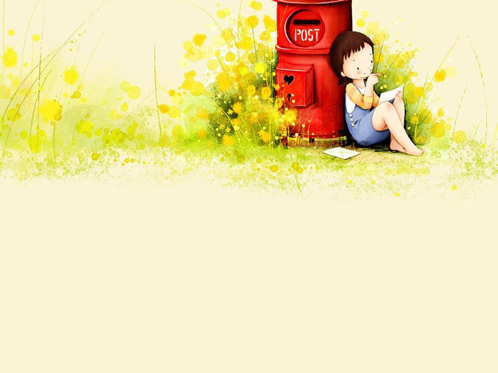 Cartoon 桌布 壁紙 — 一個水彩風格的女孩坐在黃色花田中的紅色郵筒旁，正在讀一封信。