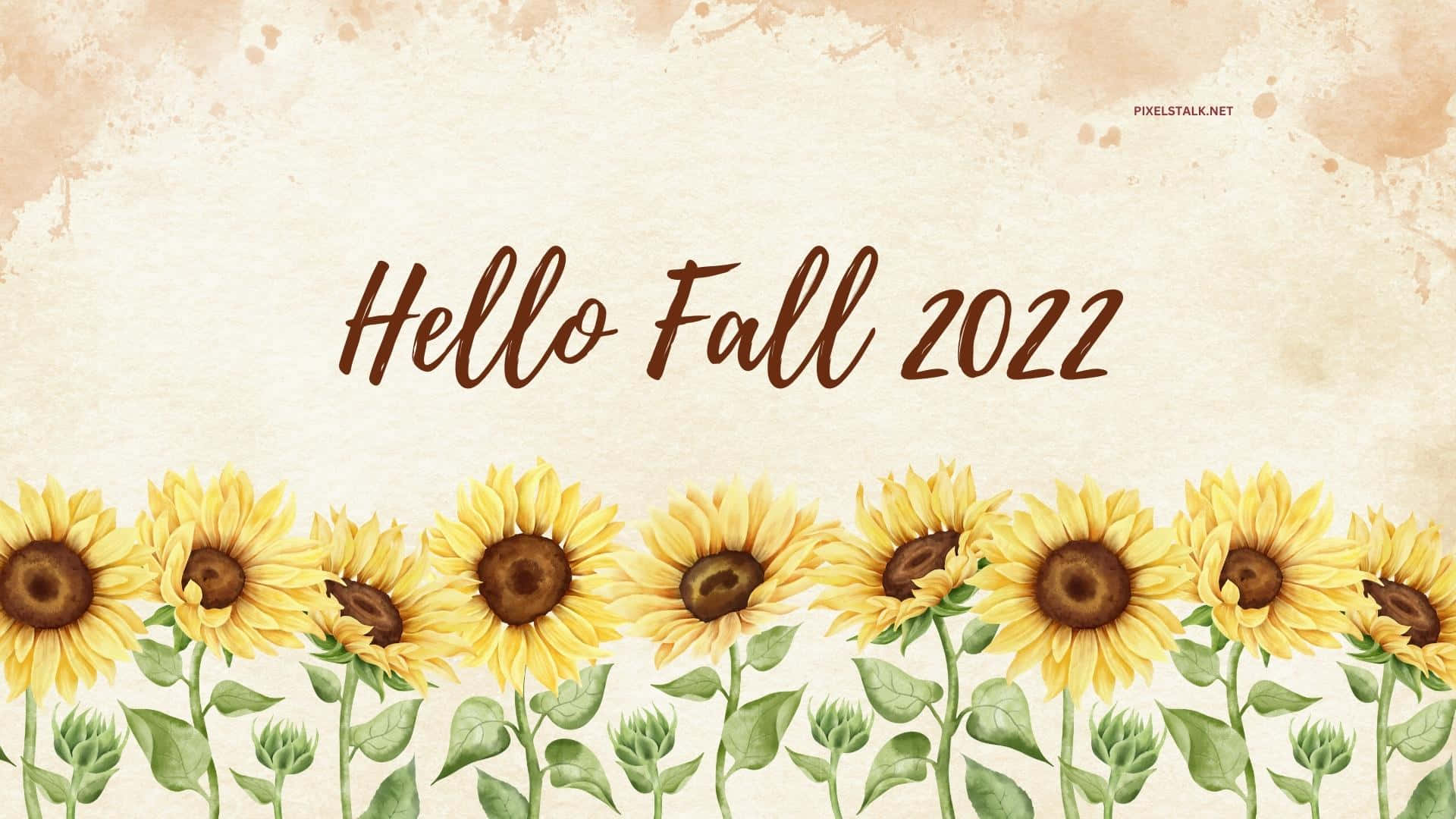 Hello Fall 桌布 壁紙 — 一個水彩風格的橫幅，上面有向日葵和文字 Hello Fall 2022，背景是帶紋理的米色。