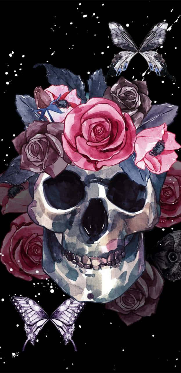 Skulls And Roses 桌布 壁紙 — 一個水彩骷髏頭，飾有粉紅色和紫色的玫瑰和蝴蝶，背景是星空黑色。