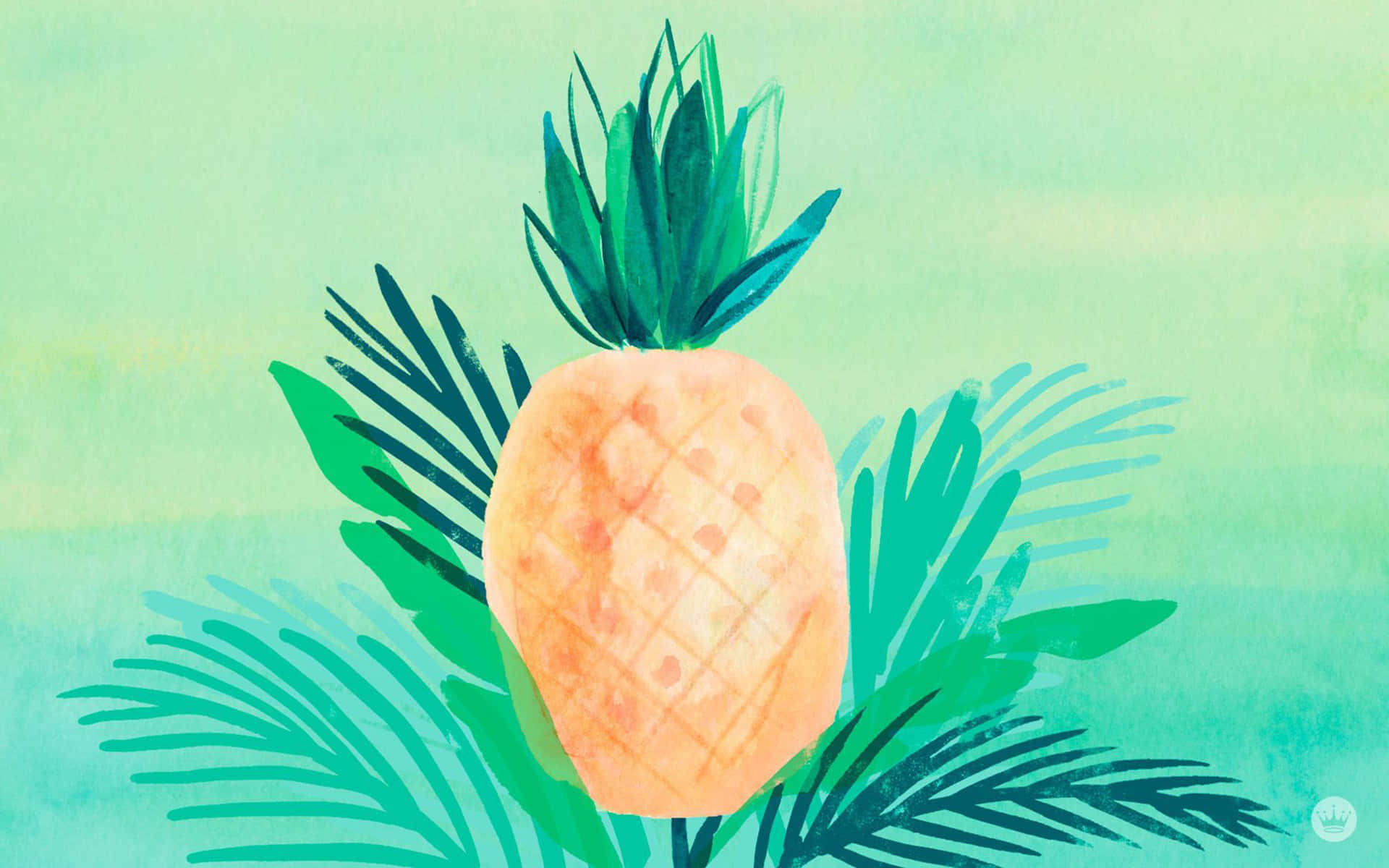 Pineapple Desktop 桌布 壁紙 — 一個水彩鳳梨，帶有綠色葉子，立在柔和的青綠色漸變背景上。