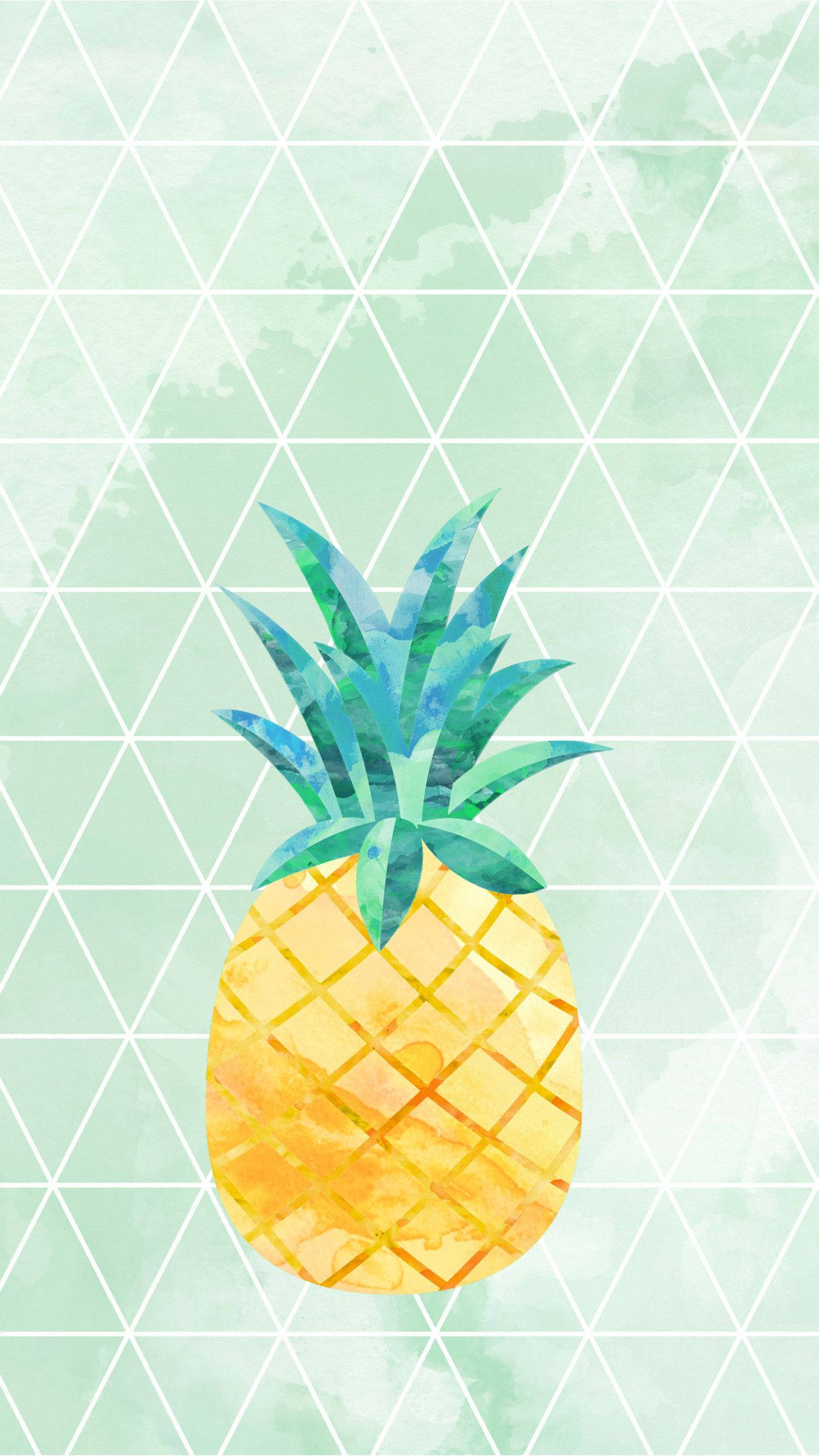 Pineapple 桌布 壁紙 — 一個水彩鳳梨，帶有鮮豔的黃色和綠色色調，位於薄荷綠幾何三角形背景的中心。