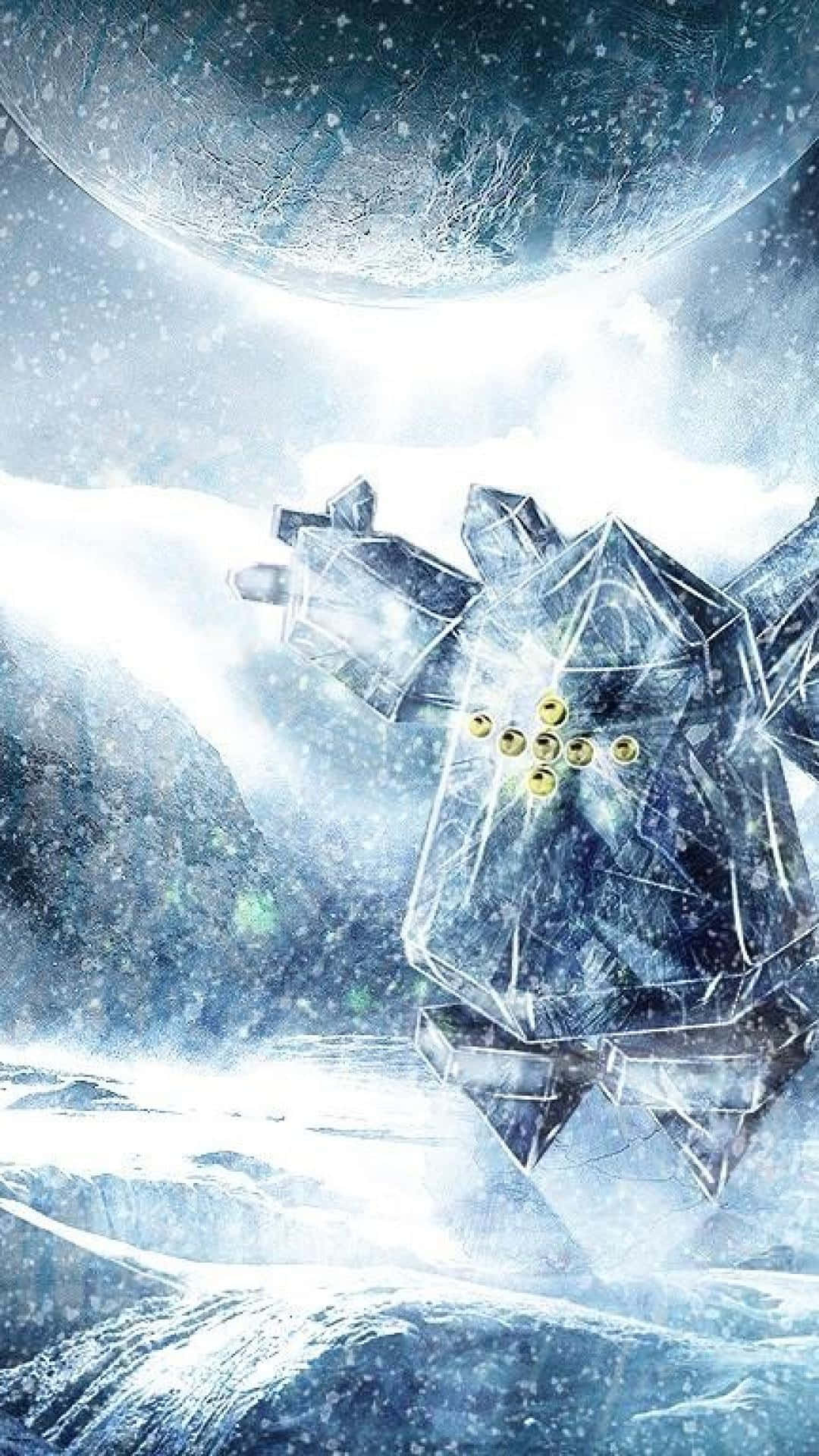 寶可夢 桌布 壁紙 — 一個水晶機器人，有著發光的黃色眼睛，站在雪覆蓋的山谷中，下方是一個巨大的冰月。