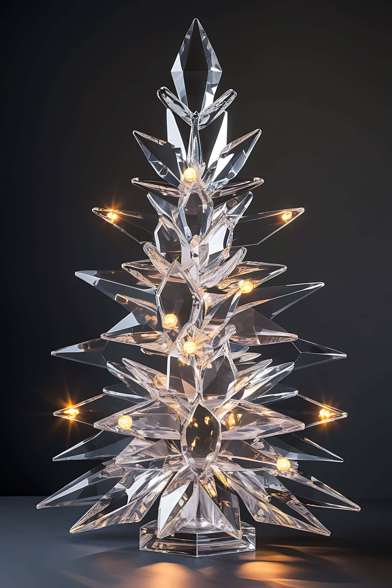 Illuminated crystal christmas tree 壁紙 — 一個水晶聖誕樹，具有幾何切面和溫暖發光的燈光，在黑暗背景下。