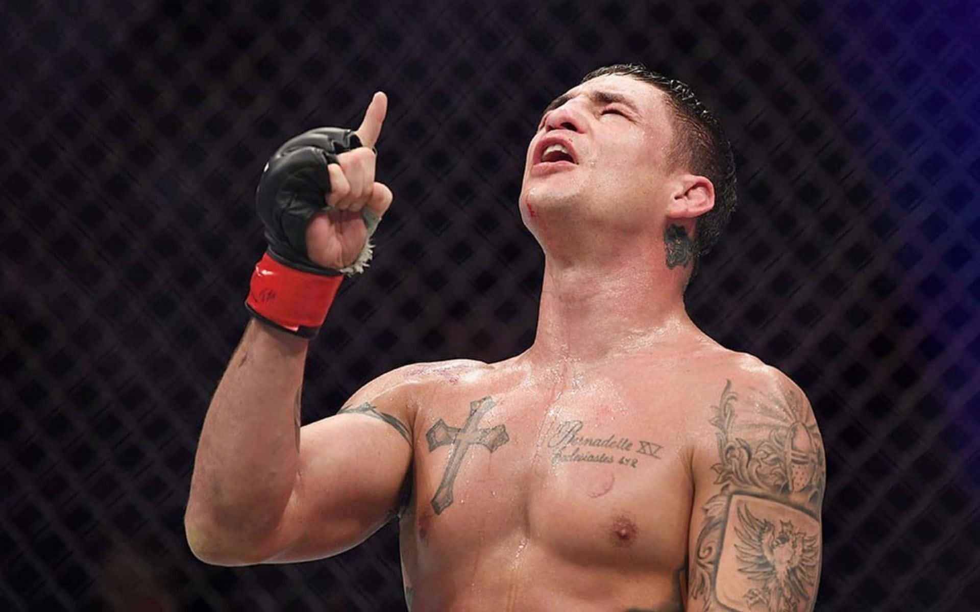 MMA 桌布 壁紙 — 一個汗流浹背、紋身的拳手在籠中勝利地舉起一根手指，發出勝利的咆哮。