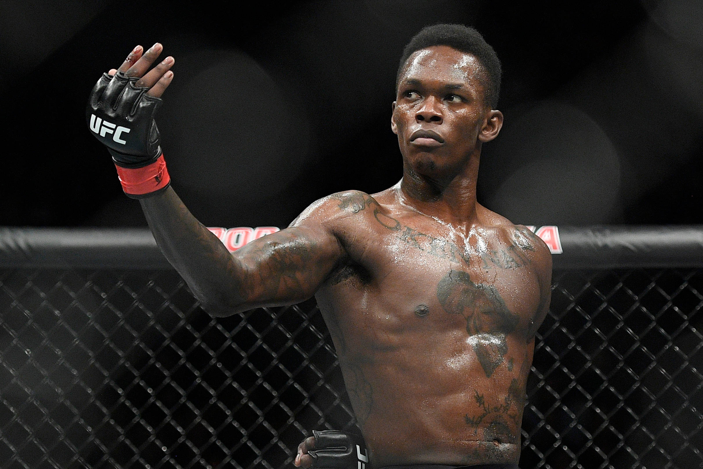 Adesanya 桌布 壁紙 — 一個汗流浹背的肌肉發達拳手戴著UFC手套，在八角籠內於明亮燈光下舉手慶祝勝利。